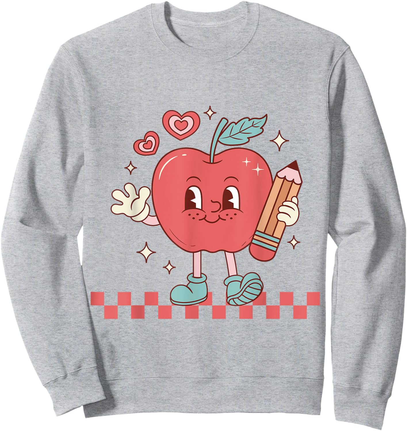 Cute Retro Checkered Apple with Face Teacher Pencil Trendy Sweatshirt - Sweatshirt | Ash