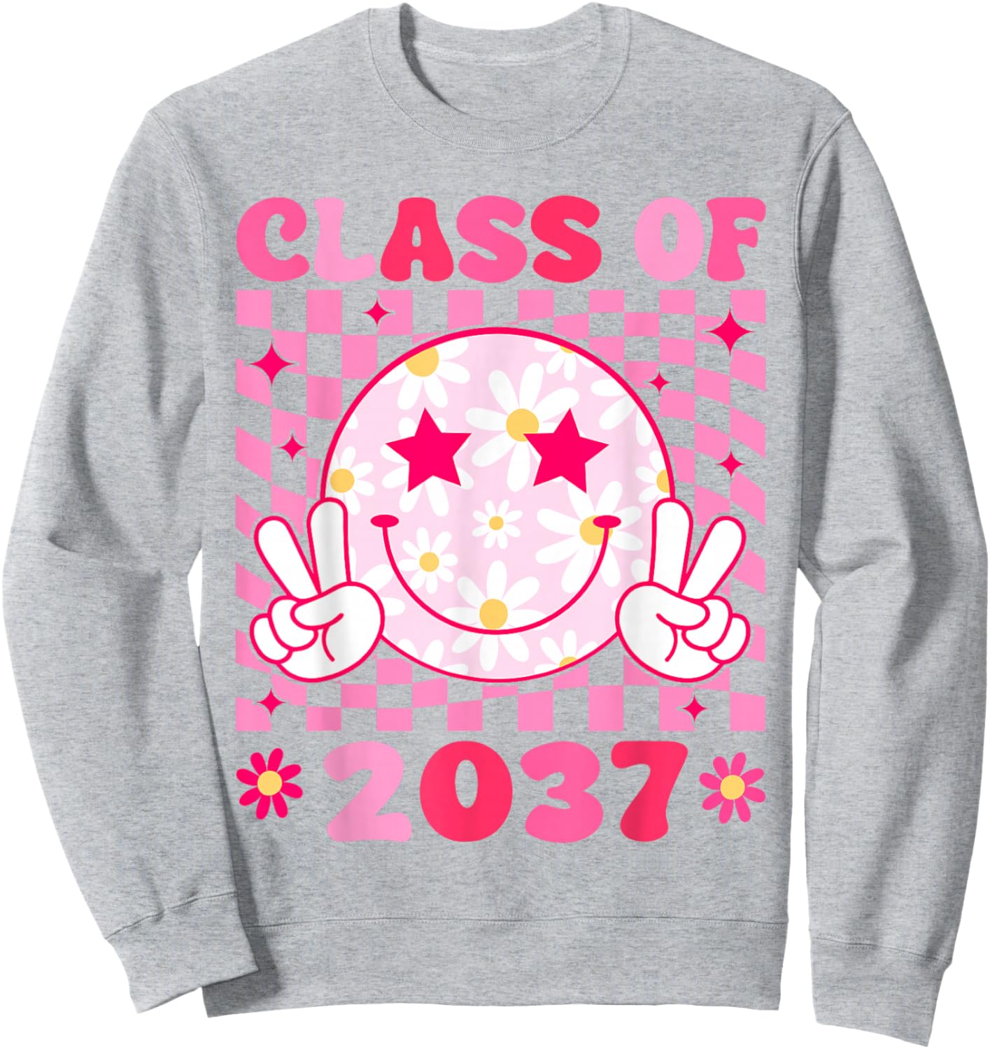 Groovy Class of 2037 Grow With Me Smile Face Back To School Sweatshirt - Sweatshirt | Ash