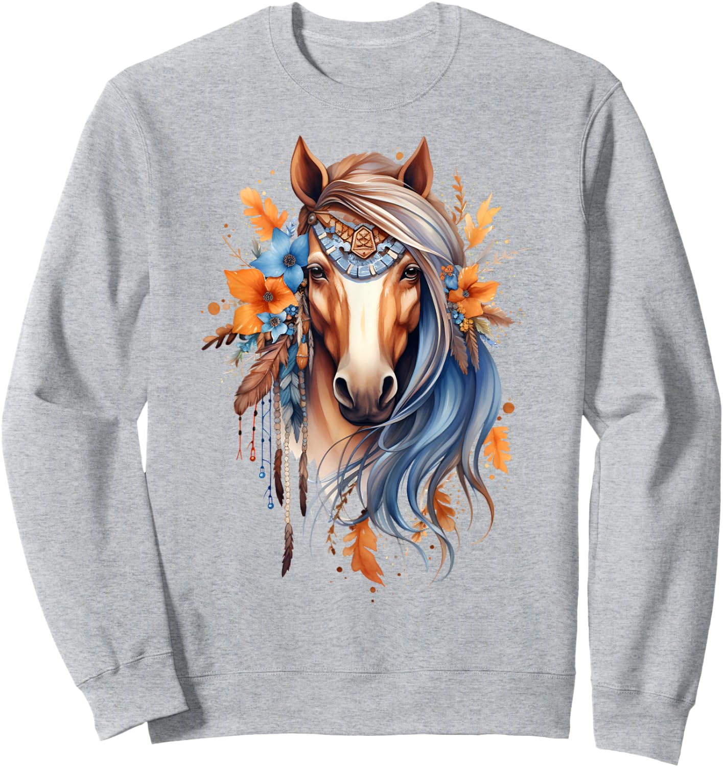 Floral Boho Horse Print Beautiful Rustic Hippie Aesthetic Sweatshirt - Sweatshirt | Ash