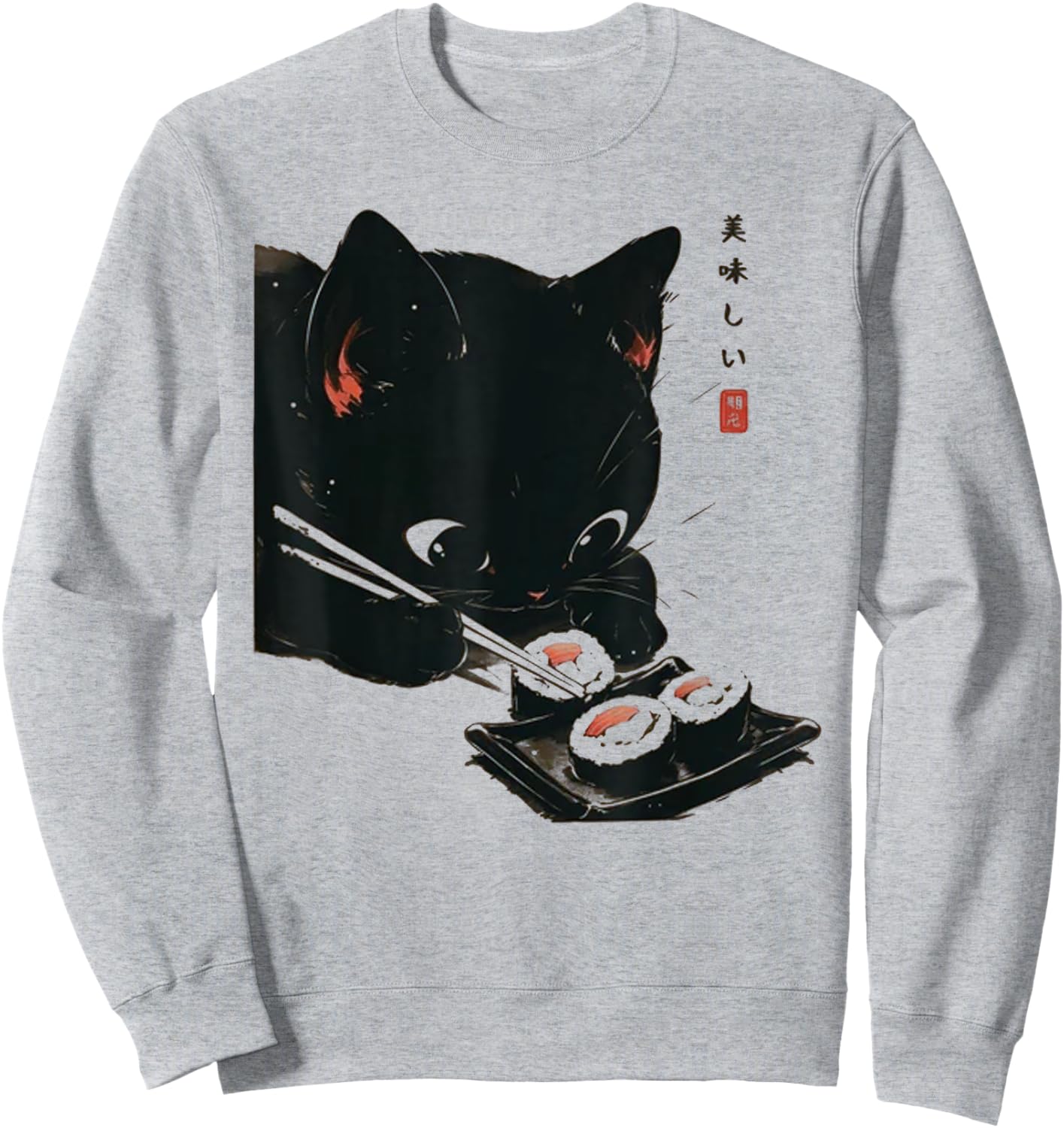Black Cat Eating Sushi - Cat Japanese Art Women Sweatshirt - Sweatshirt | Ash
