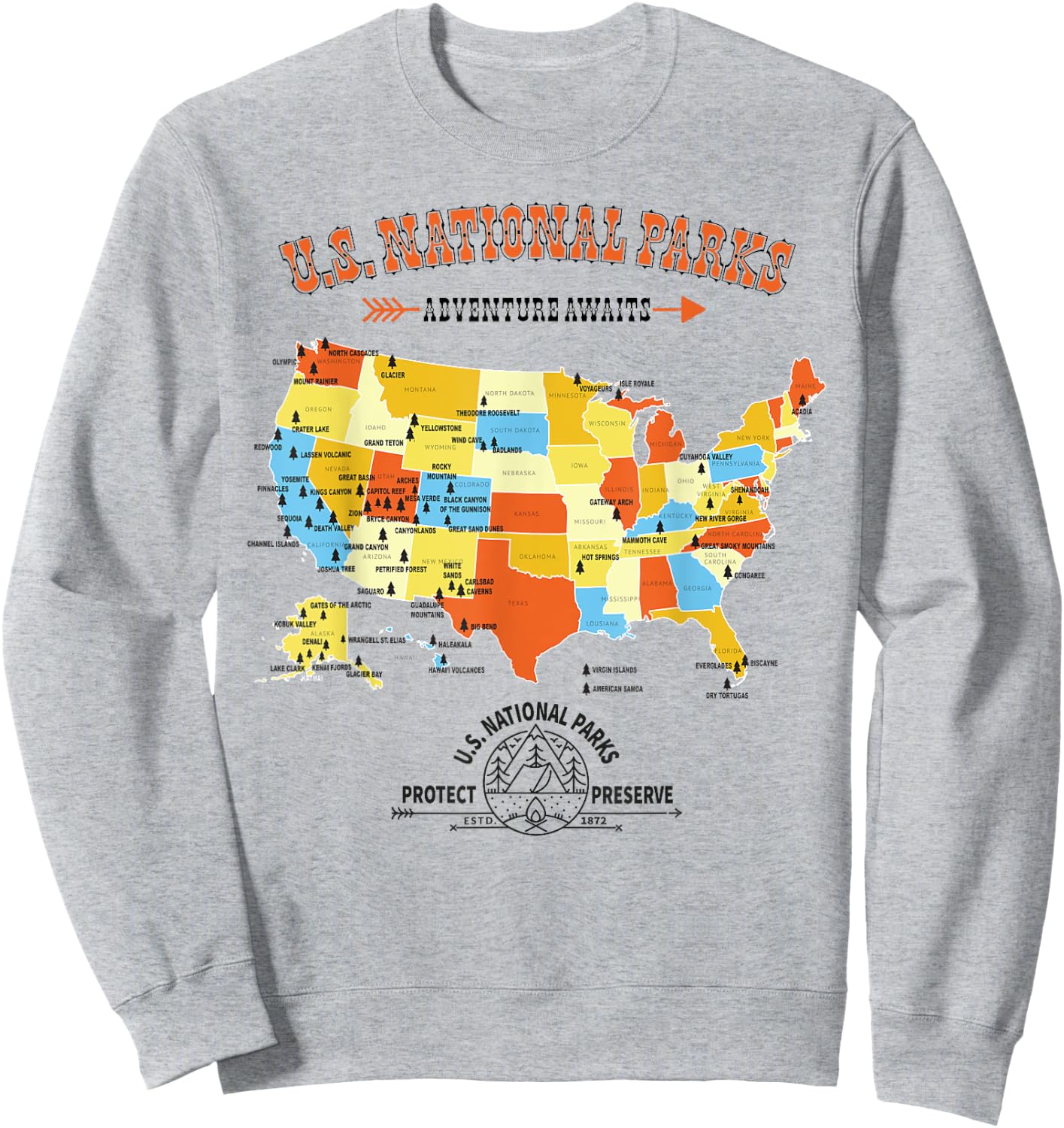 U.S. National Park Hiking Map - All 63 US National Parks Map Sweatshirt - Sweatshirt | Ash
