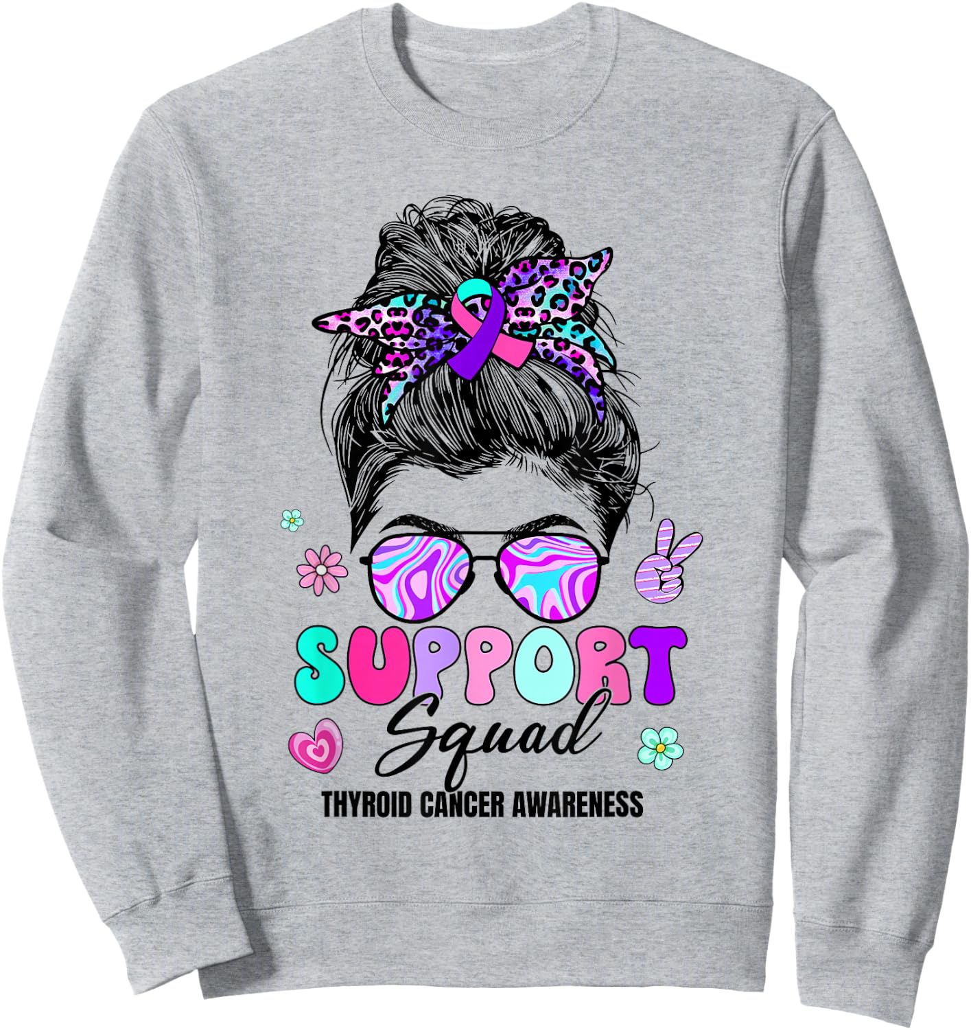 Support Squad Messy Bun Thyroid Cancer Awareness Groovy Sweatshirt - Sweatshirt | Ash