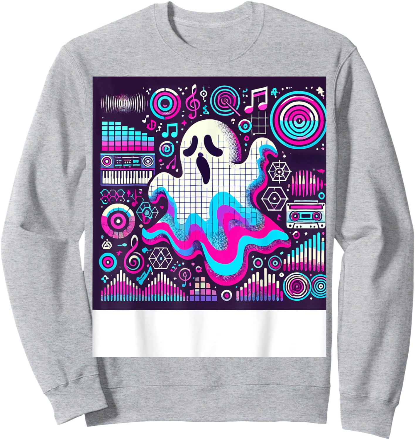 Ghost Trippy Vaporwave Halloween Techno Rave EDM Music Party Sweatshirt - Sweatshirt | Ash