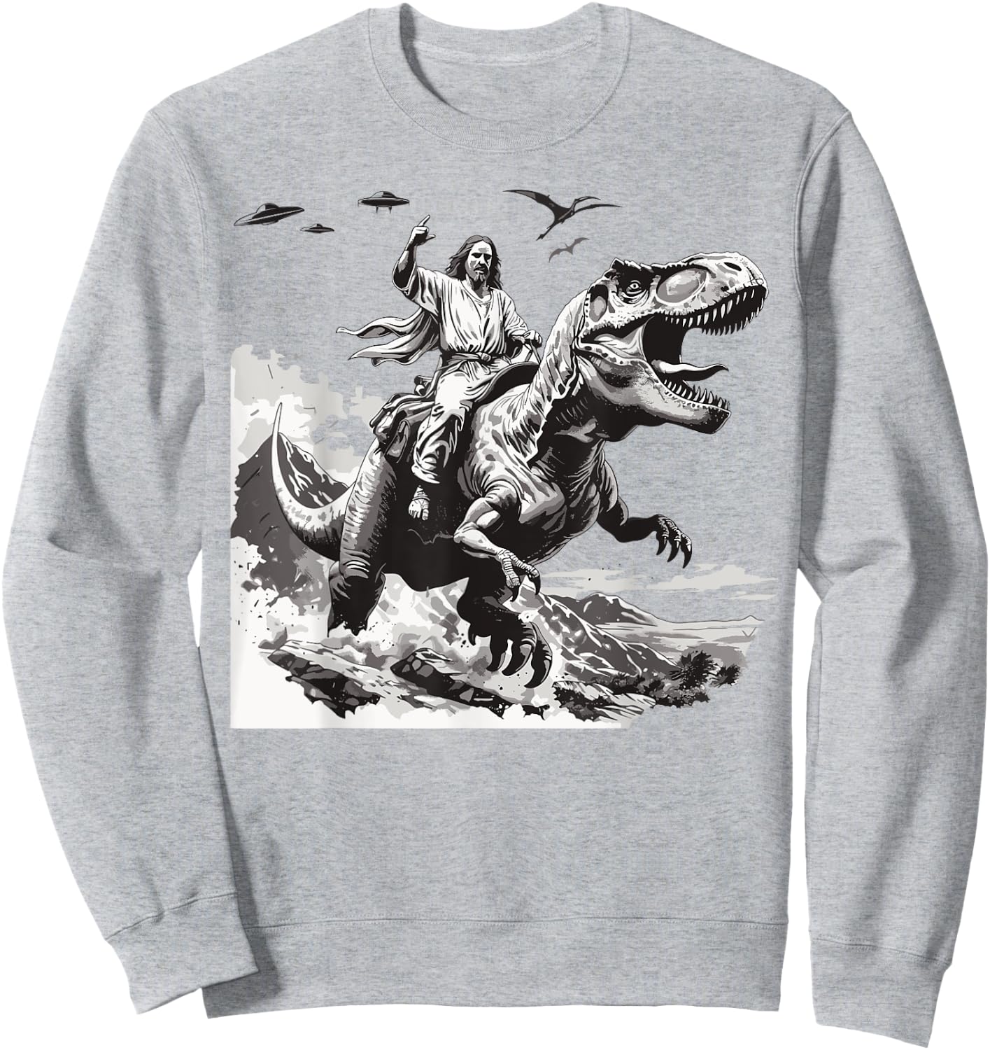 Jesus riding a dinosaur christian Religious motives funny Sweatshirt - Sweatshirt | Ash