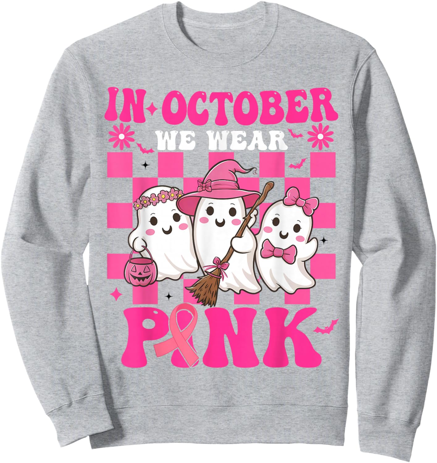 Groovy Wear Pink Breast Cancer Warrior Cute Ghost Halloween Sweatshirt - Sweatshirt | Ash