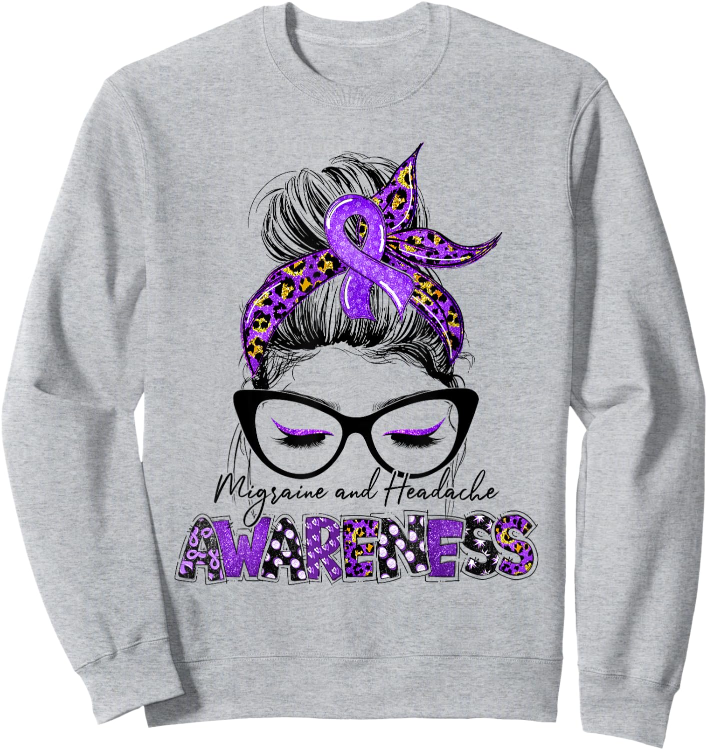 Purple Ribbon Messy Bun Migraine Headache Awareness Month Sweatshirt - Sweatshirt | Ash