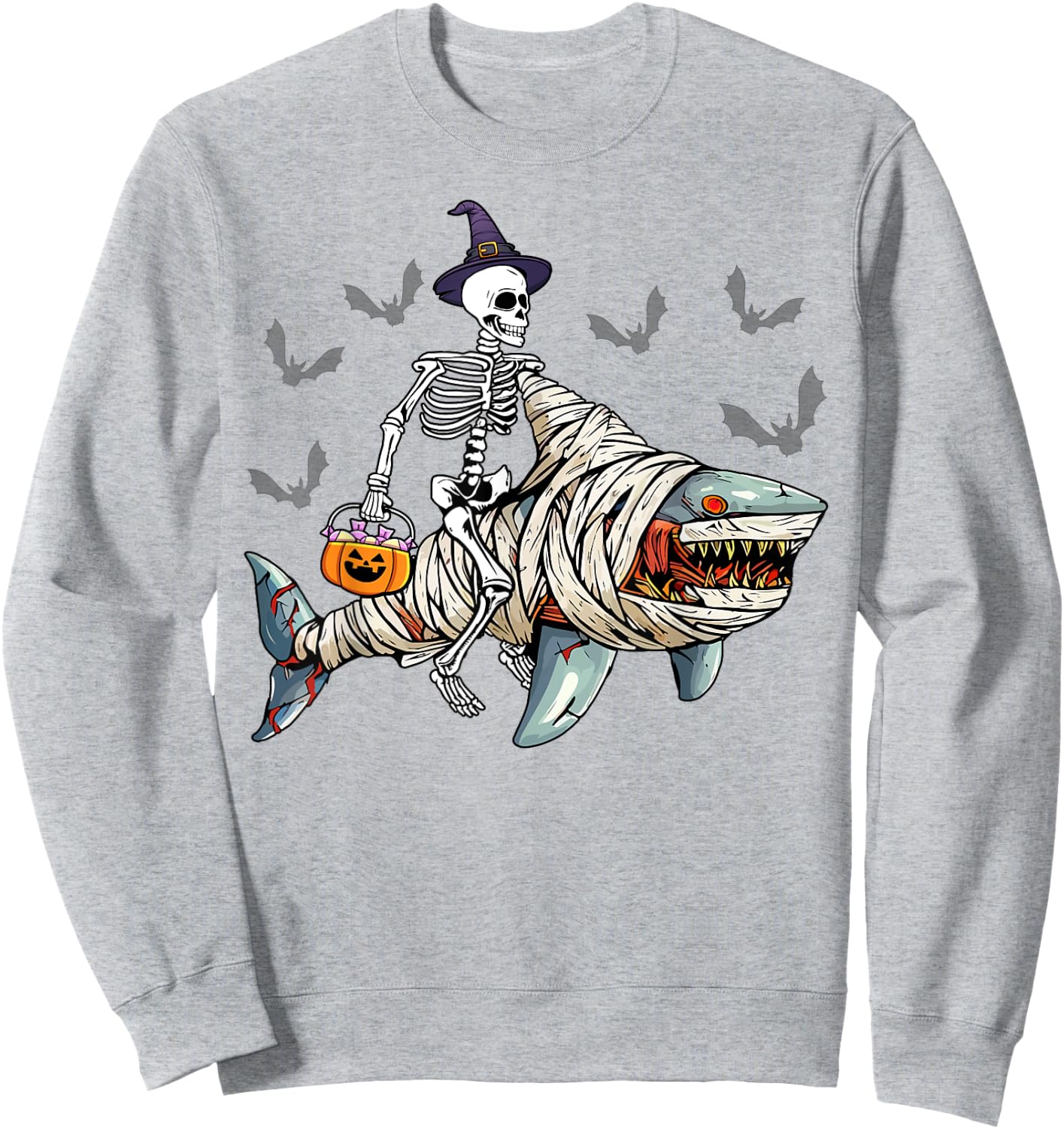 Skeleton Riding Mummy Shark Funny Halloween Pumpkin Witch Sweatshirt - Sweatshirt | Ash