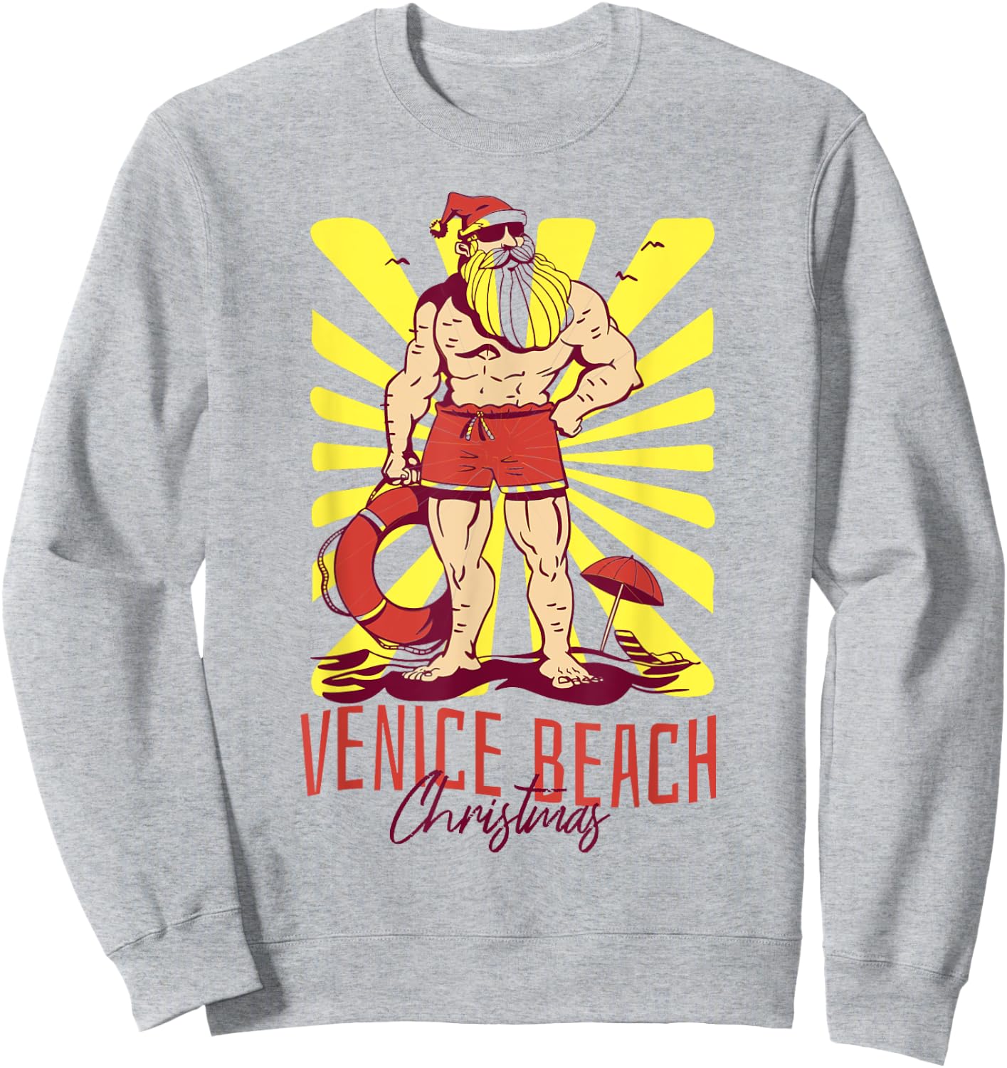 Venice Beach Christmas Buff Santa Lifeguard Sweatshirt - Sweatshirt | Ash