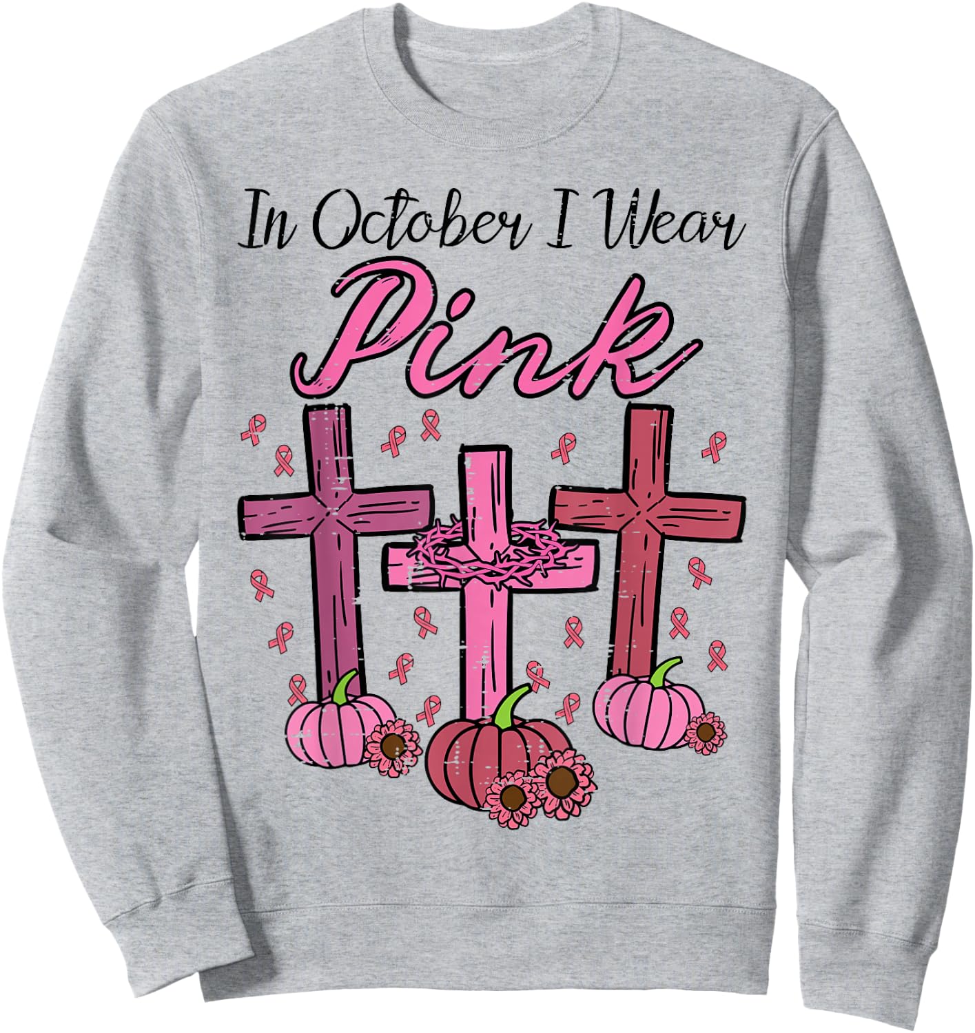 Breast Cancer Cross Pumpkin October Wear Pink Women Men Kids Sweatshirt - Sweatshirt | Ash