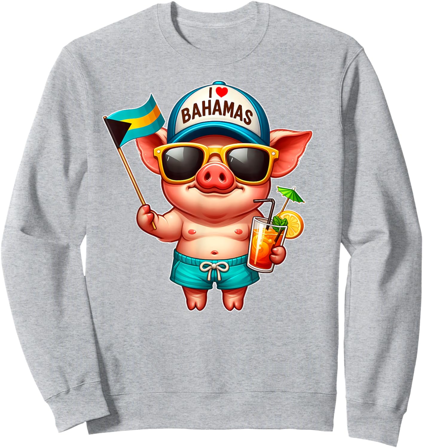 I LOVE BAHAMAS Swimming Pig Souvenir Bahamas flag Nassau Sweatshirt - Sweatshirt | Ash