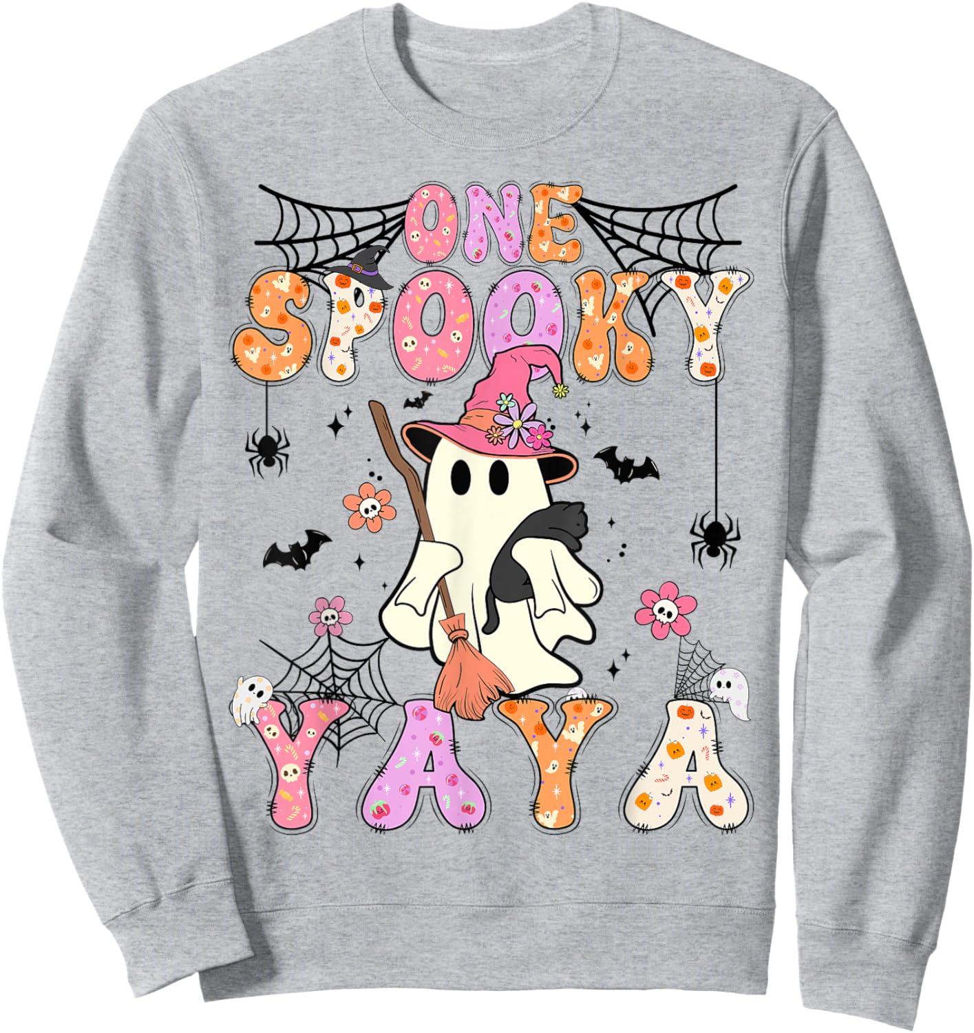 Groovy One Spooky Yaya Retro Halloween Cute Ghost Sweatshirt - Sweatshirt | Ash