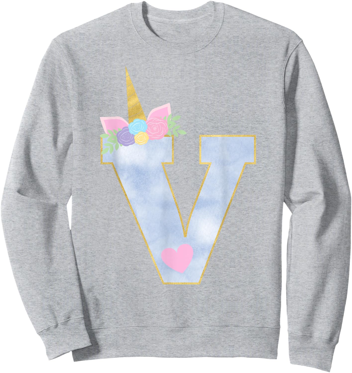 Initial Letter V Unicorn Monogram for Girls Unicorn Birthday Sweatshirt - Sweatshirt | Ash