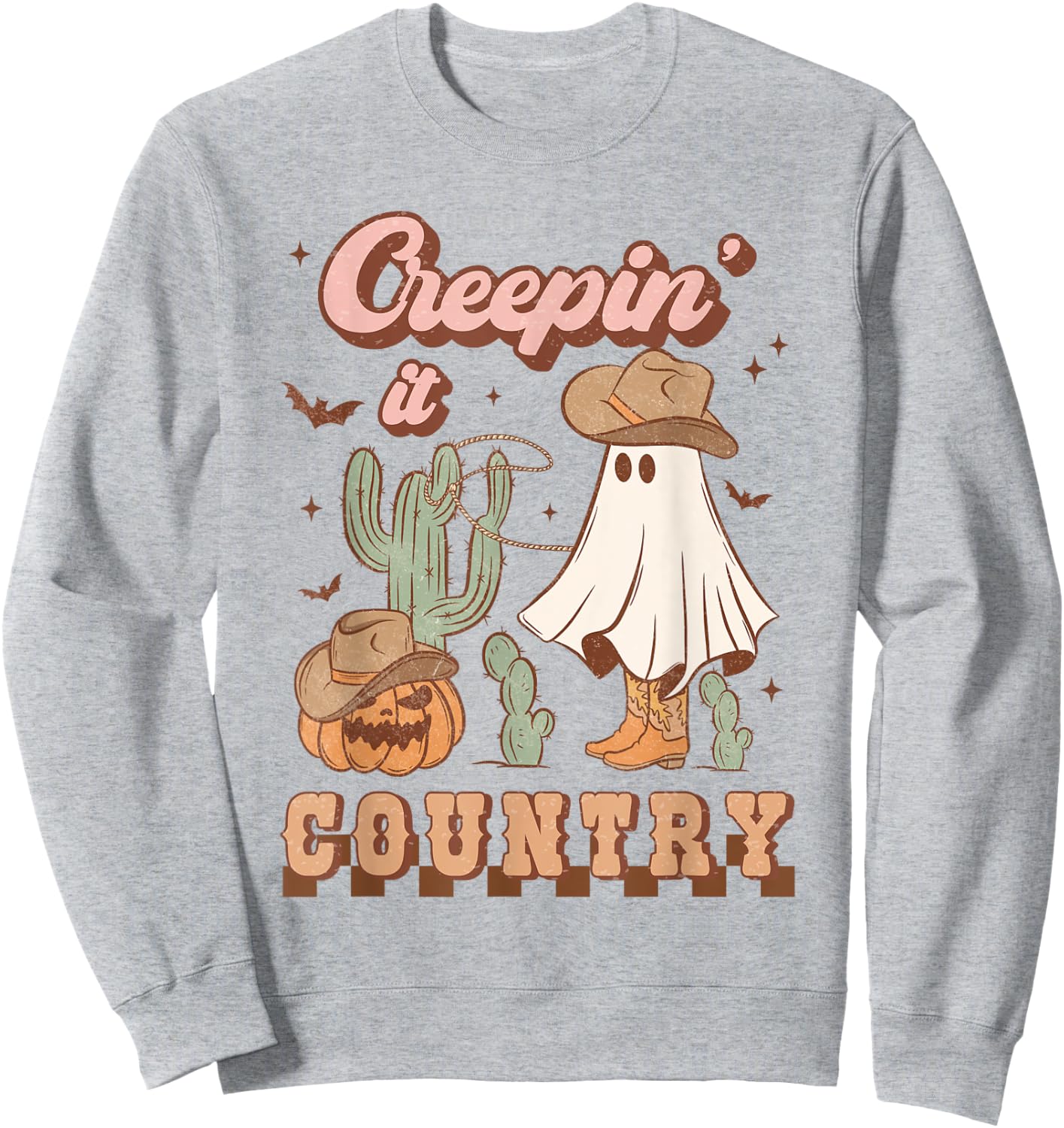 Retro Halloween Cowgirl Ghost Western Creepin' It Country Sweatshirt - Sweatshirt | Ash