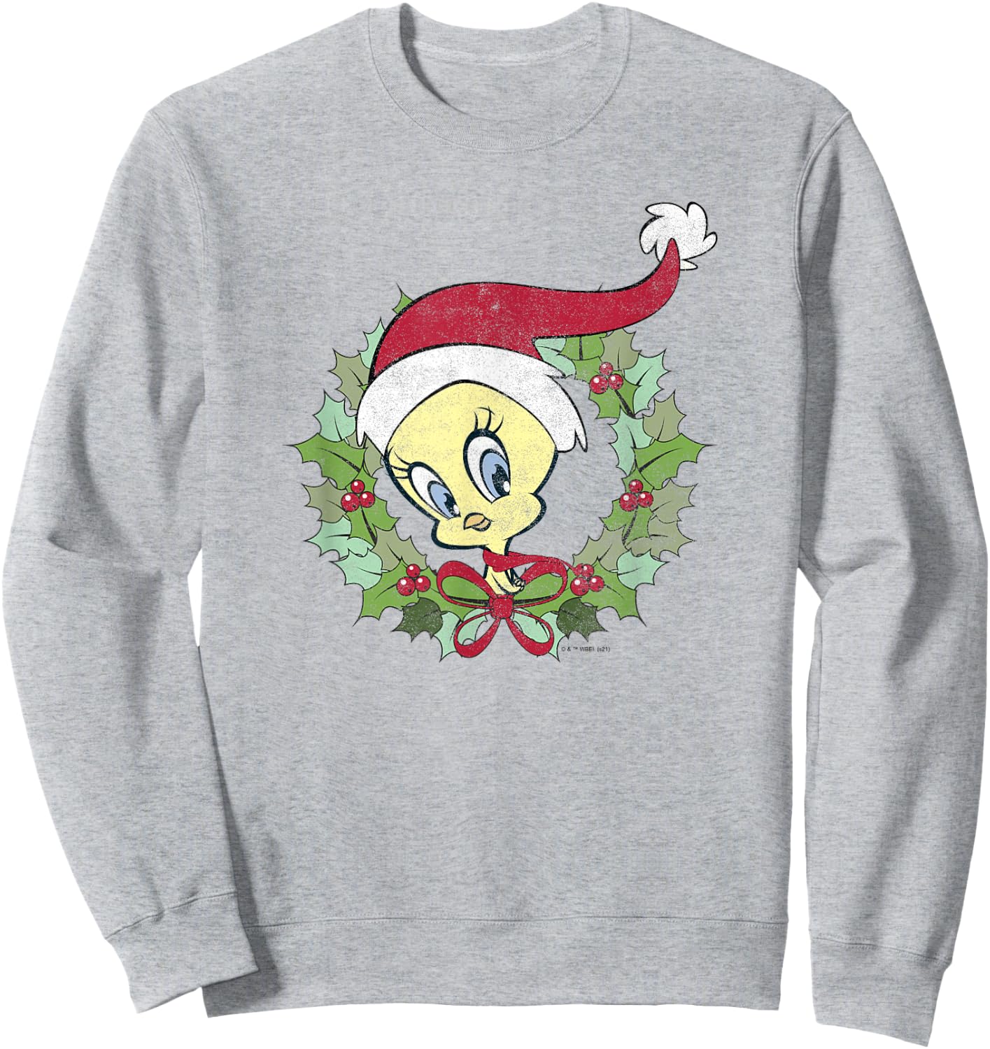 Looney Tunes Tweety Bird Christmas Wreath Santa Hat Sweatshirt - Sweatshirt | Ash