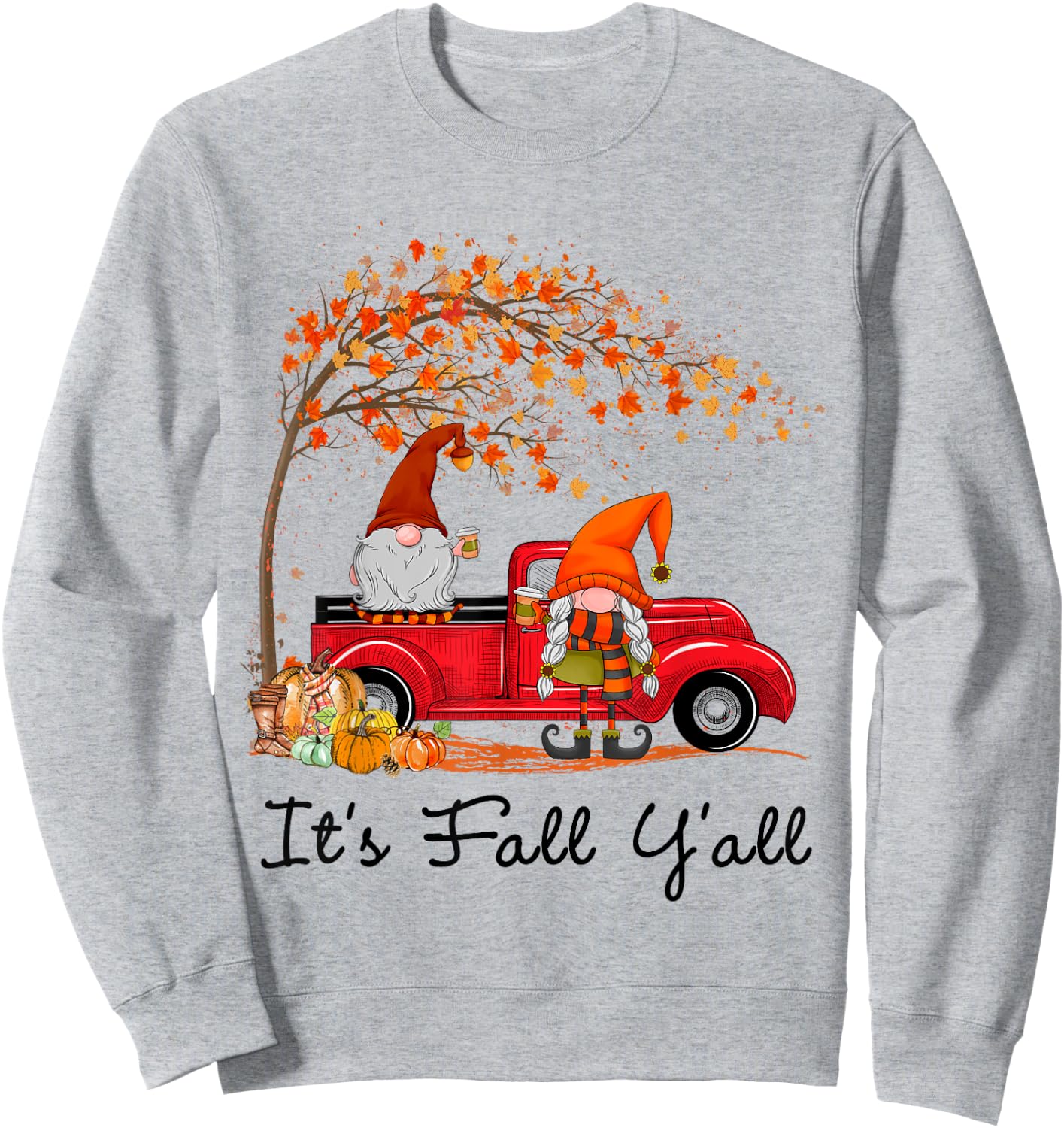 It's Fall Y'all Cute Gnomes Pumpkin Autumn Tree Fall Leaves Sweatshirt - Sweatshirt | Ash