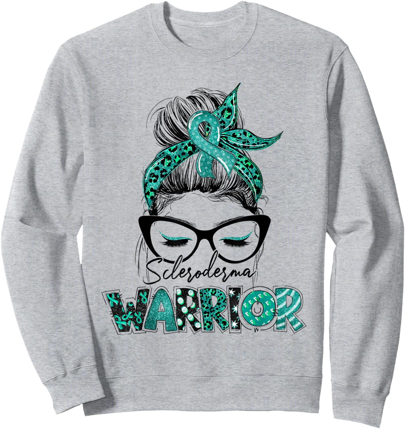 Teal Ribbon Messy Bun Hair Scleroderma Warrior Sweatshirt - Sweatshirt | Ash