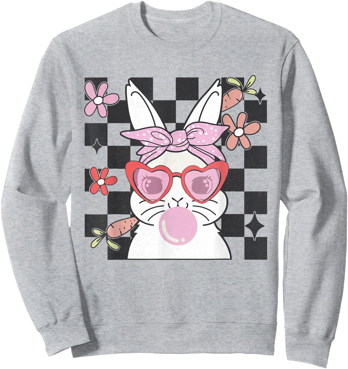 Retro Groovy Easter Bunny Bubblegum Checkered Girls Sweatshirt - Sweatshirt | Ash