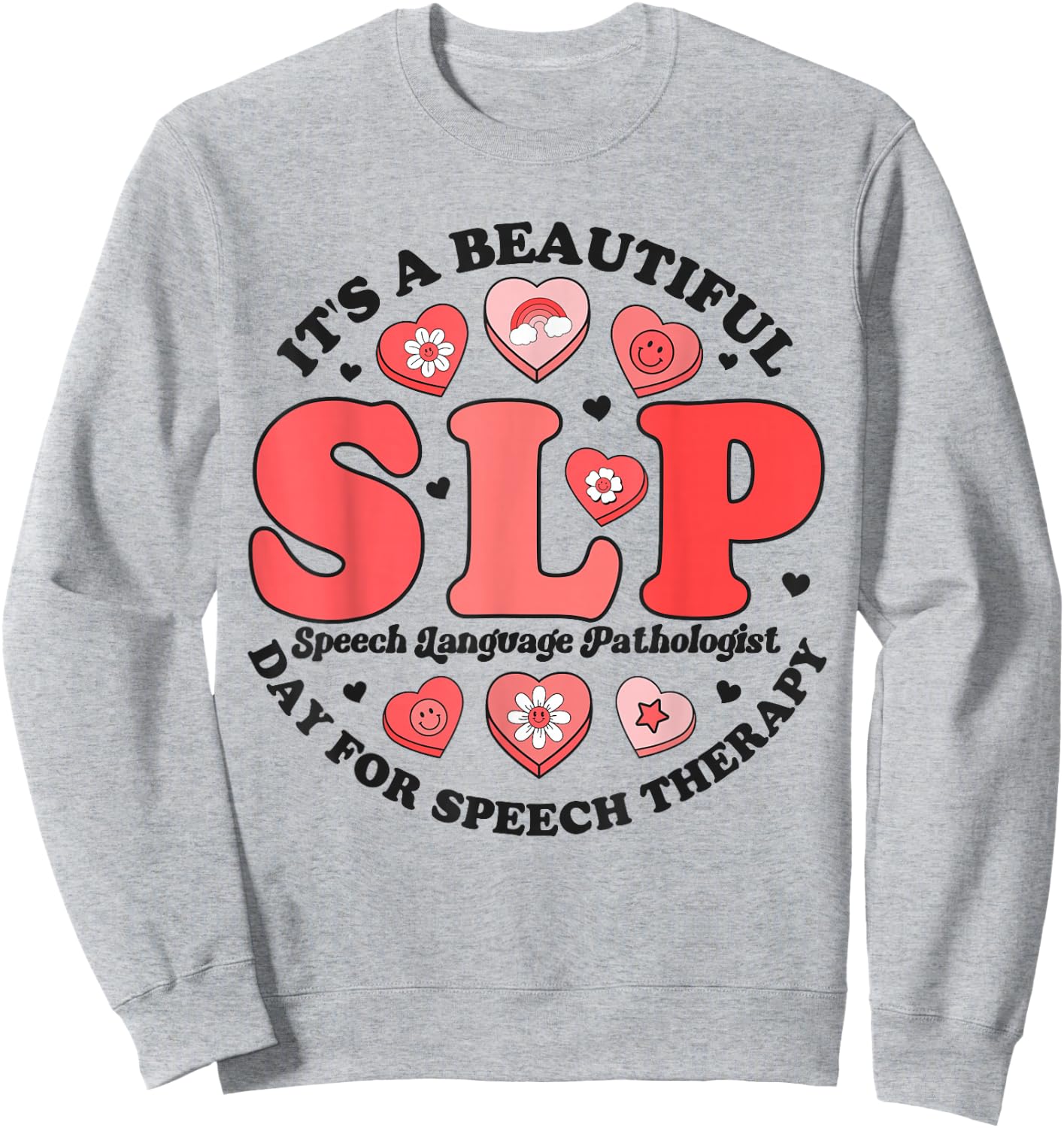 SLP Speech Therapy Pathologist Crew Groovy Valentines Hearts Sweatshirt - Sweatshirt | Ash