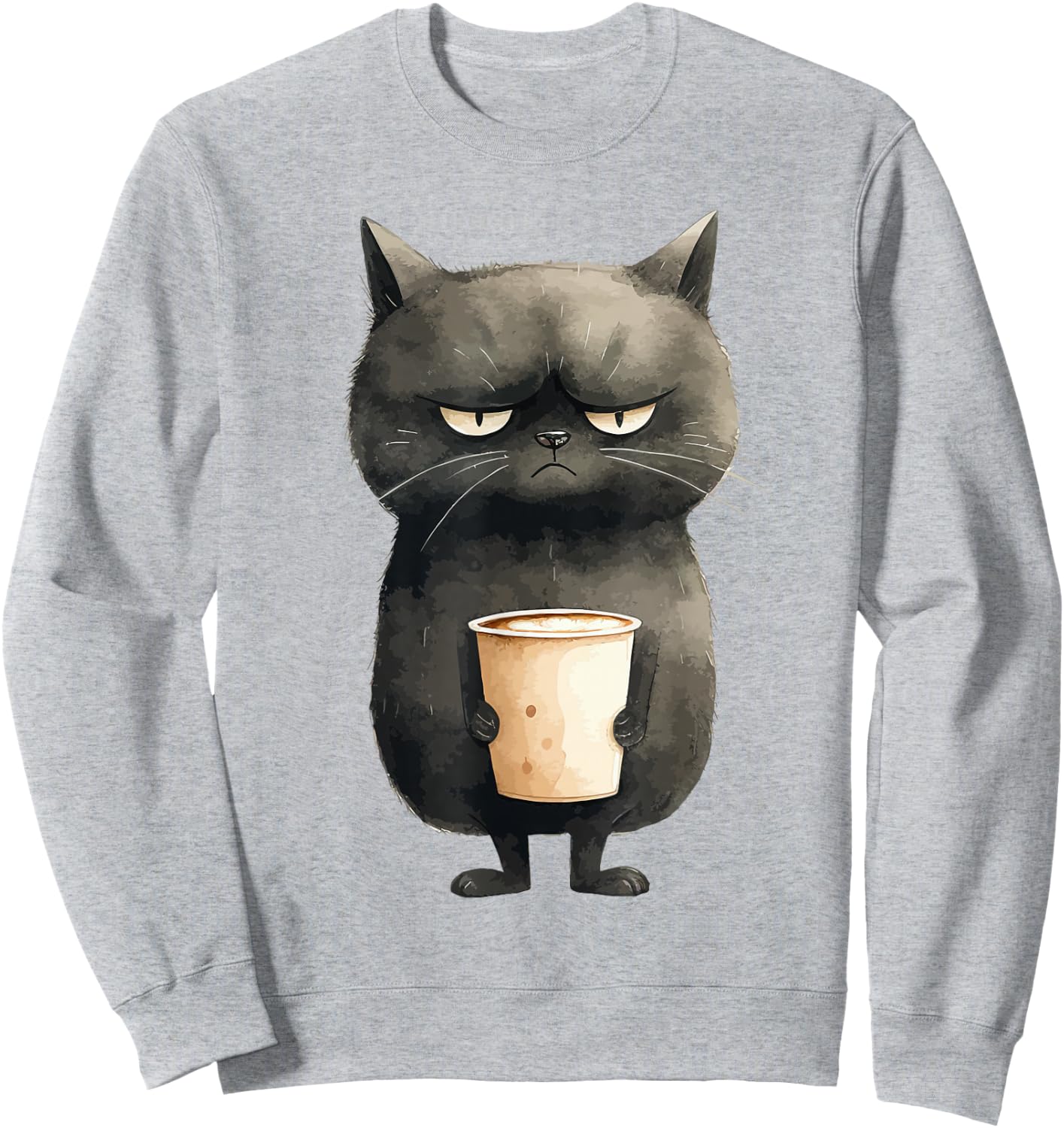 Grumpy Black Cat with Latte Coffee Sweatshirt - Sweatshirt | Ash