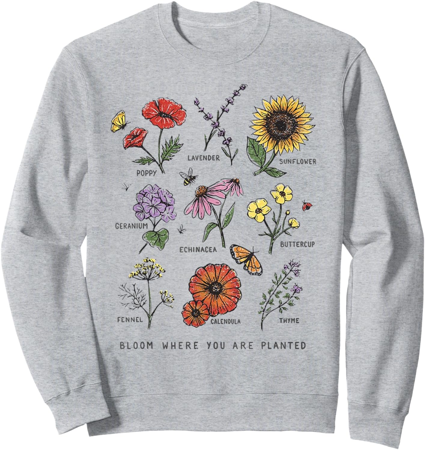 Garden Life Gift Bloom Where You Are Planted Botanican Flowers Adult Blue Small Modern Classic Floral Short Sleeve Sweatshirt - Sweatshirt | Ash