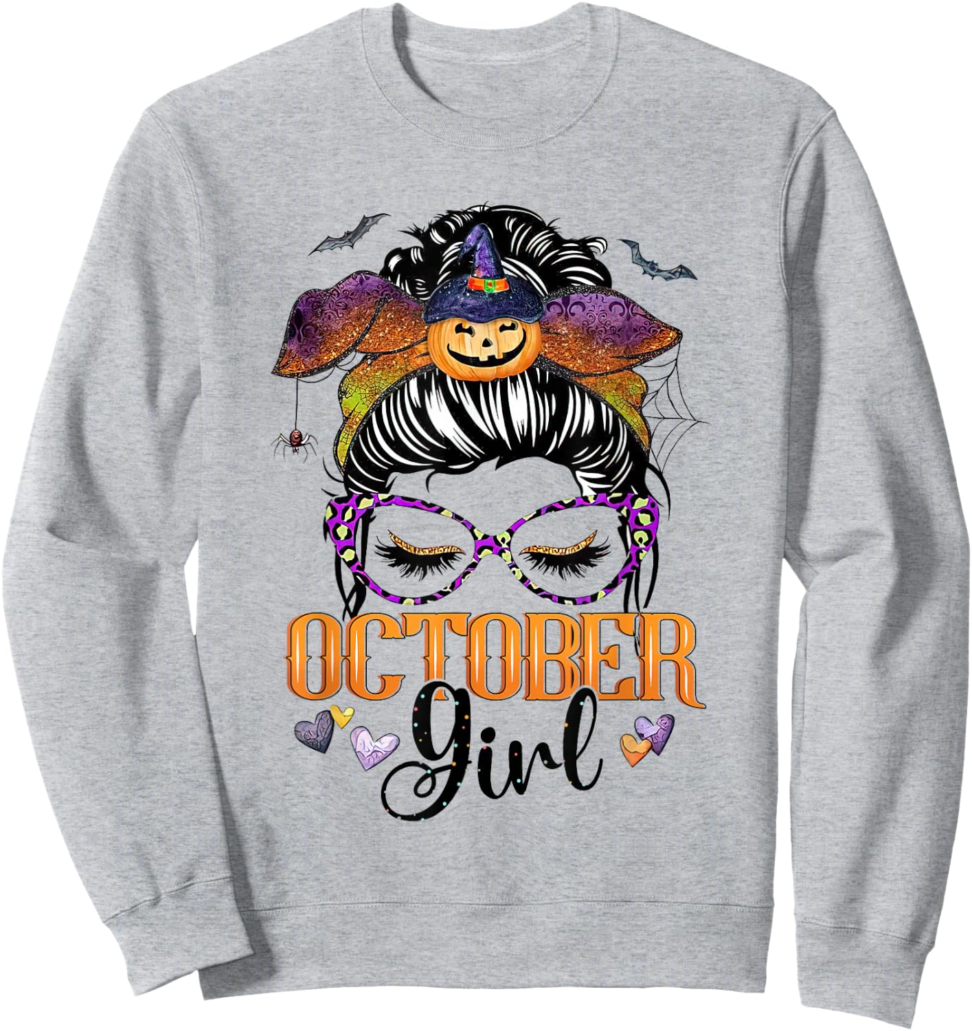 October Girl Halloween Messy Bun Lady Hair Glasses Bandana Sweatshirt - Sweatshirt | Ash