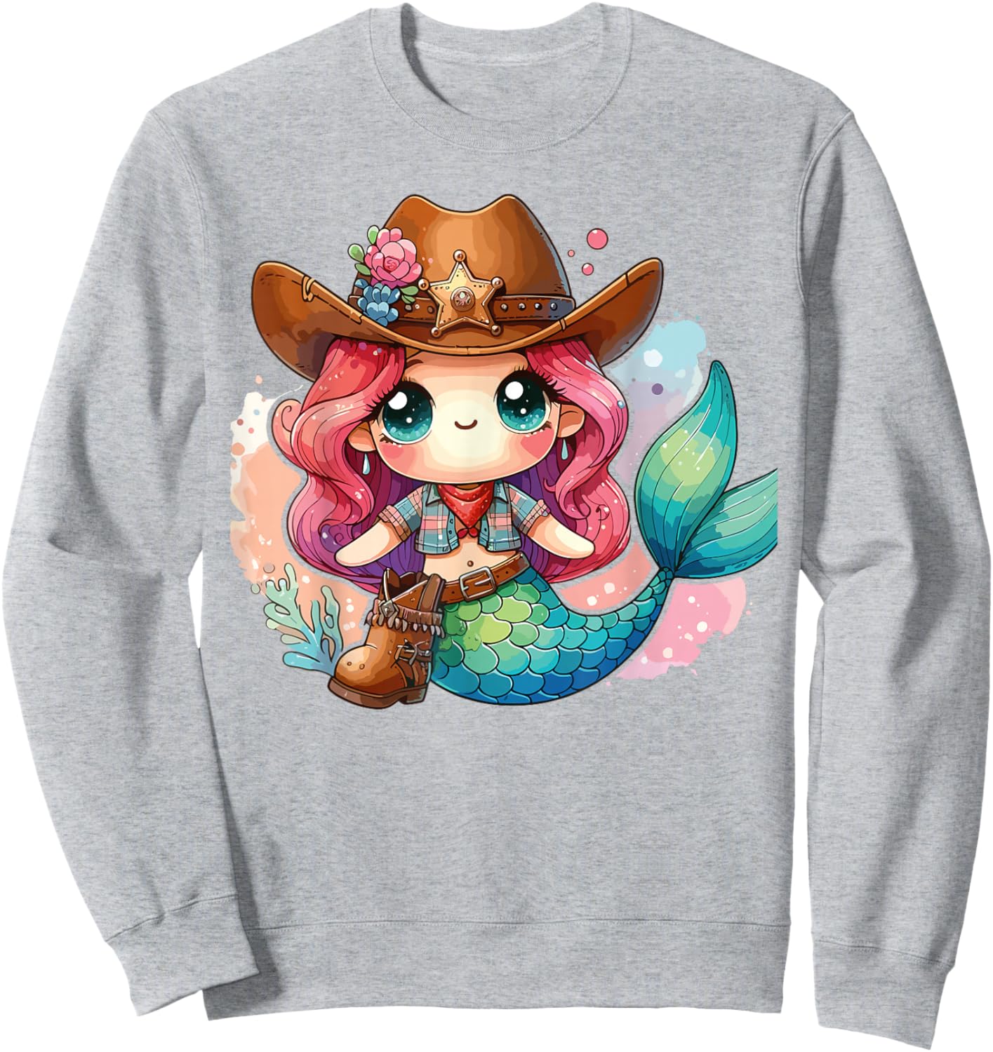 Western Rodeo Cowboy Hat Mermaid Texas Animals Sweatshirt - Sweatshirt | Ash