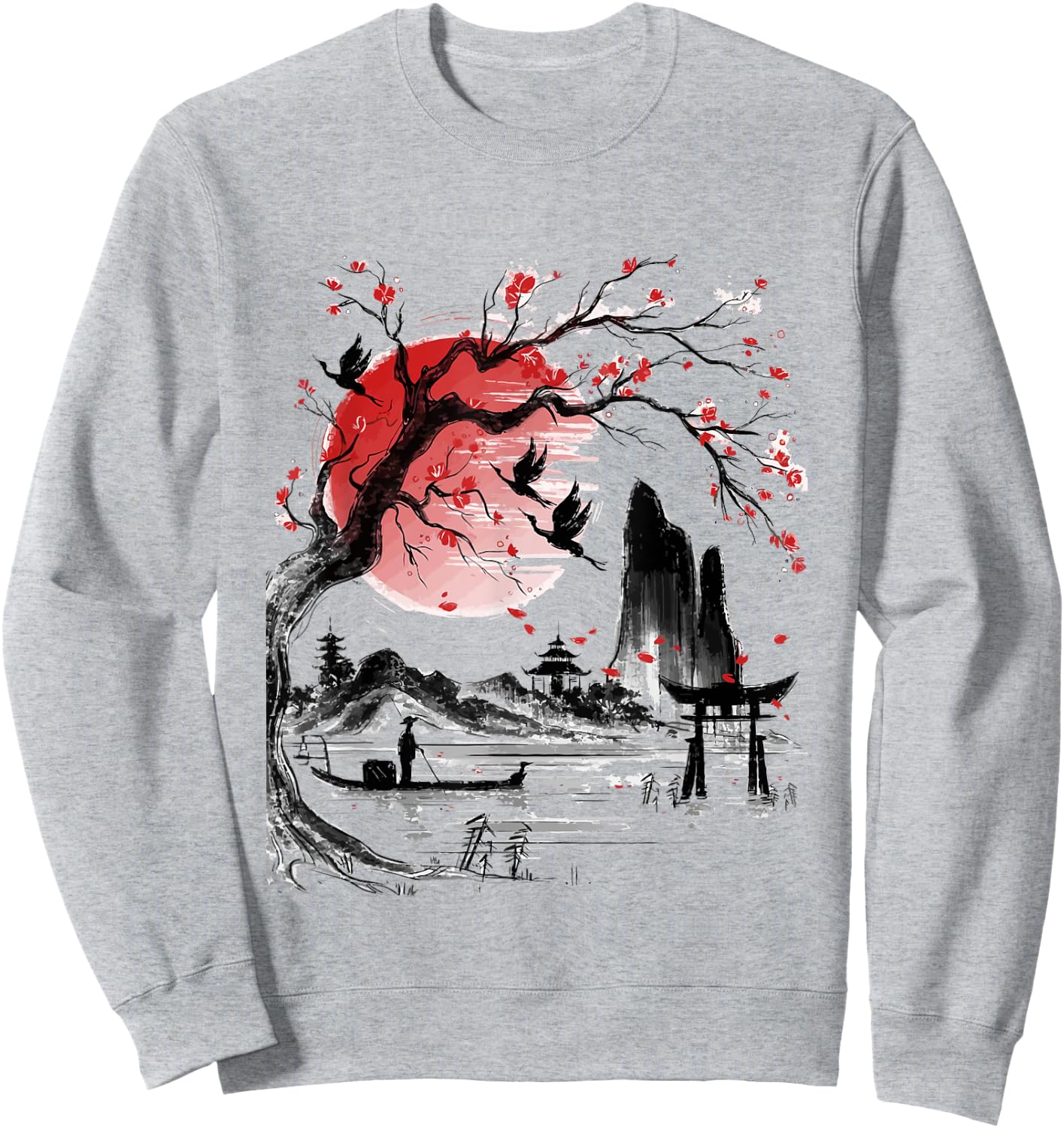 Japanese Tree Red Moon With Birds Flying in background Sweatshirt - Sweatshirt | Ash