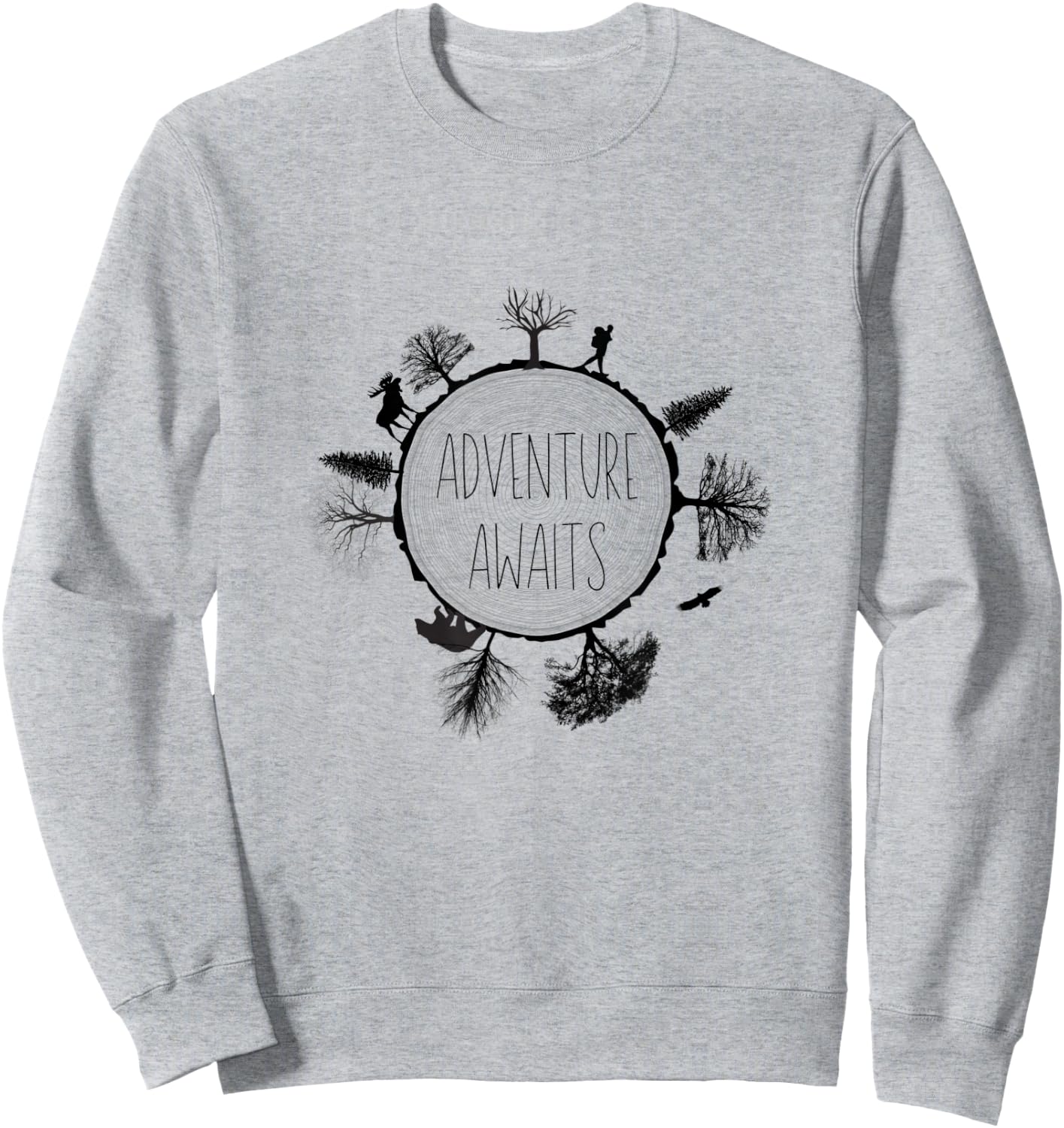 Tree Rings Hiker Moose Bear Eagle Black Adventure Awaits Sweatshirt - Sweatshirt | Ash