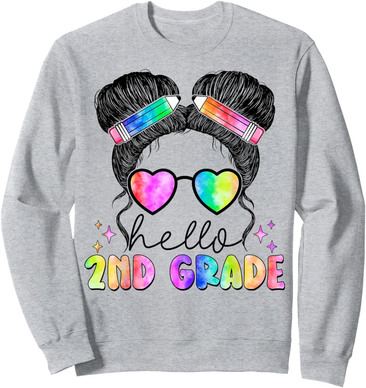 Messy Hair Bun Girl Back To School First Day Hello 2nd Grade Sweatshirt - Sweatshirt | Ash