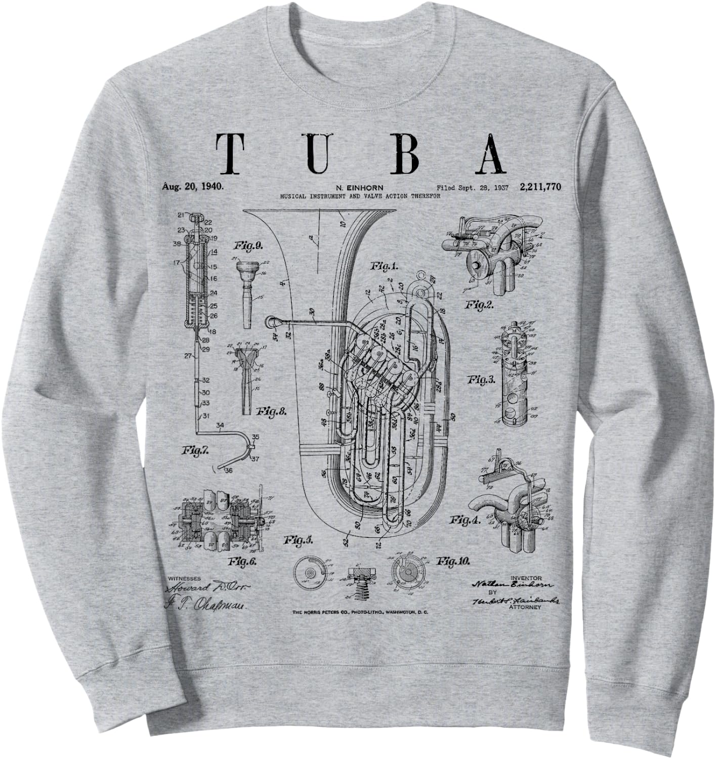 Tuba Vintage Patent Tubaist Tubist Drawing Print Sweatshirt - Sweatshirt | Ash