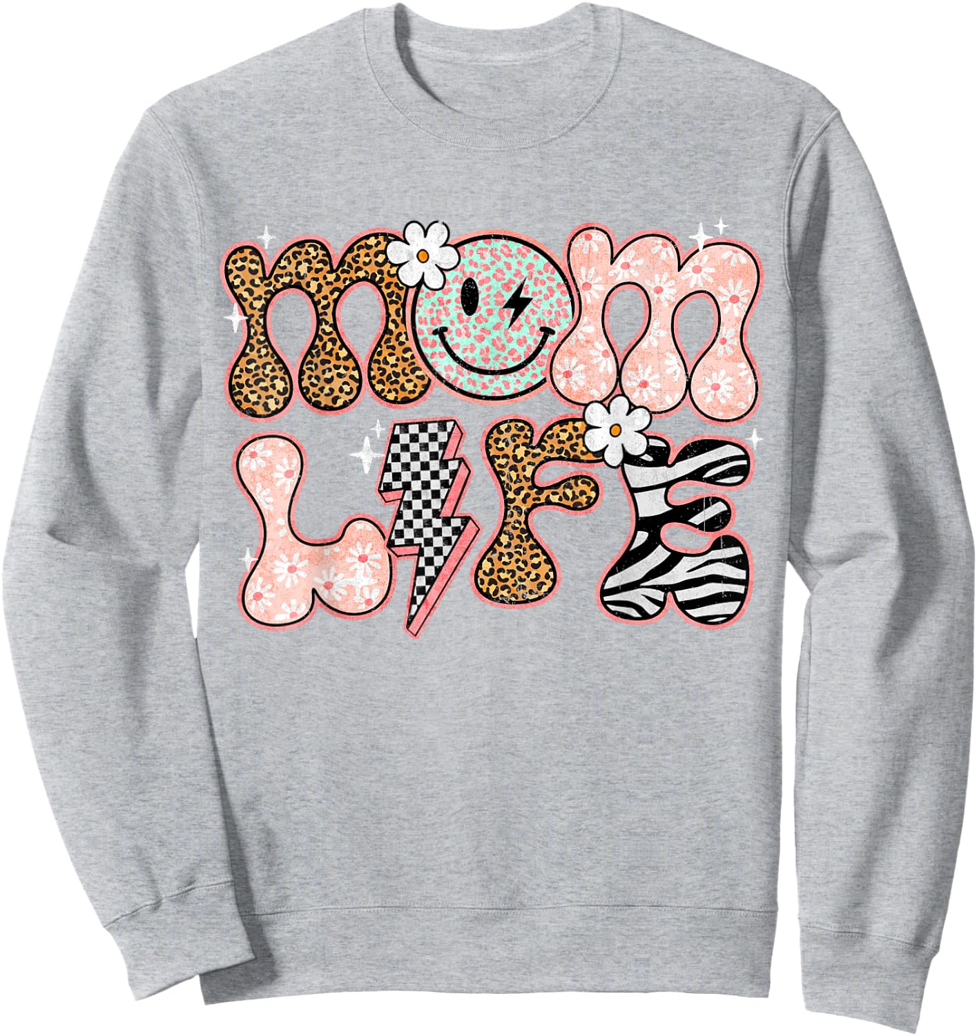 Mom Life Floral Groovy Smile Leopard Retro Mum Mum Mother Sweatshirt - Sweatshirt | Ash