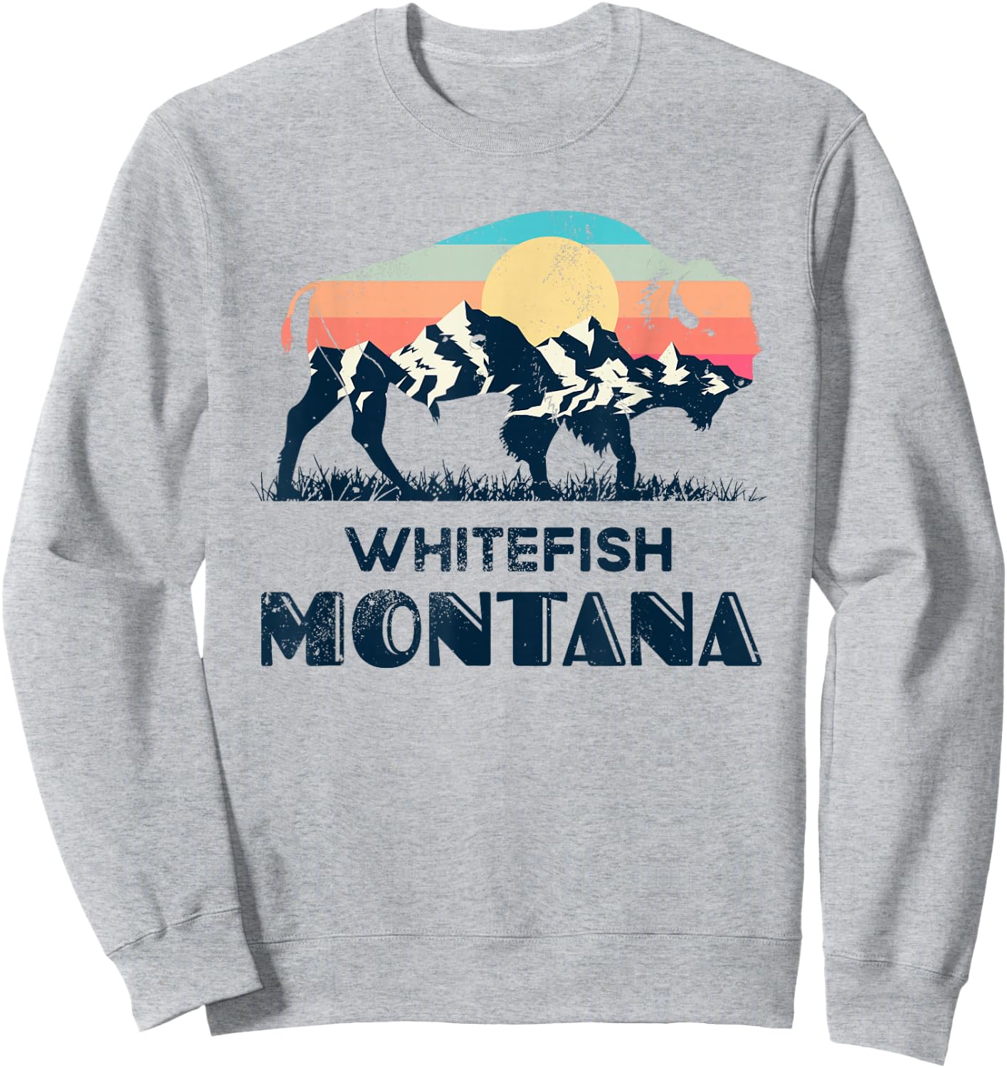 Whitefish Montana Vintage Hiking Bison Nature Sweatshirt - Sweatshirt | Ash