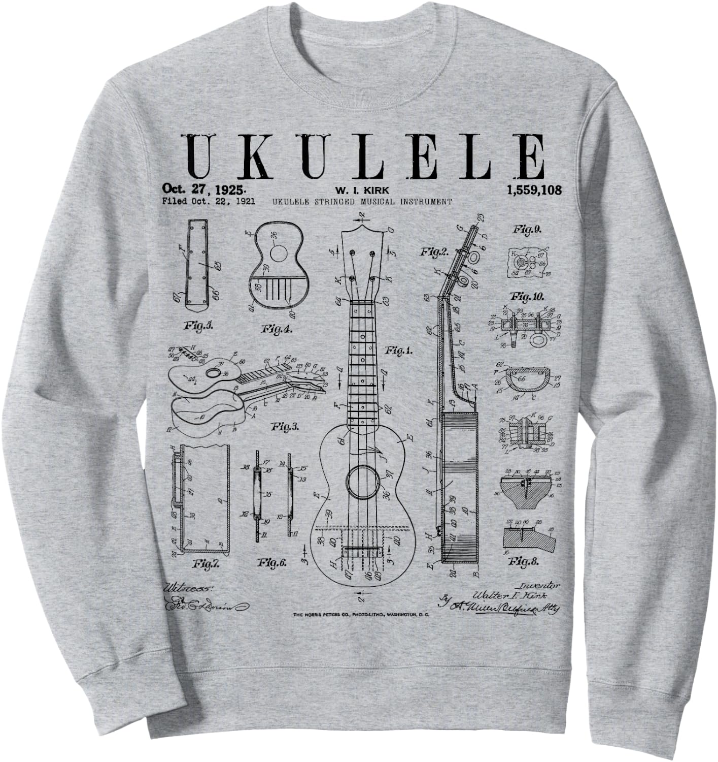 Ukulele Musical Instrument Uke Vintage Patent Drawing Print Sweatshirt - Sweatshirt | Ash