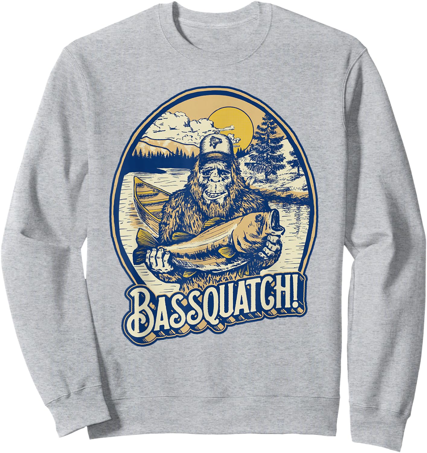 Giant Step Design Co. Bassquatch! Bass Fisherman Sasquatch Funny Bigfoot Fishing Sweatshirt - Sweatshirt | Ash