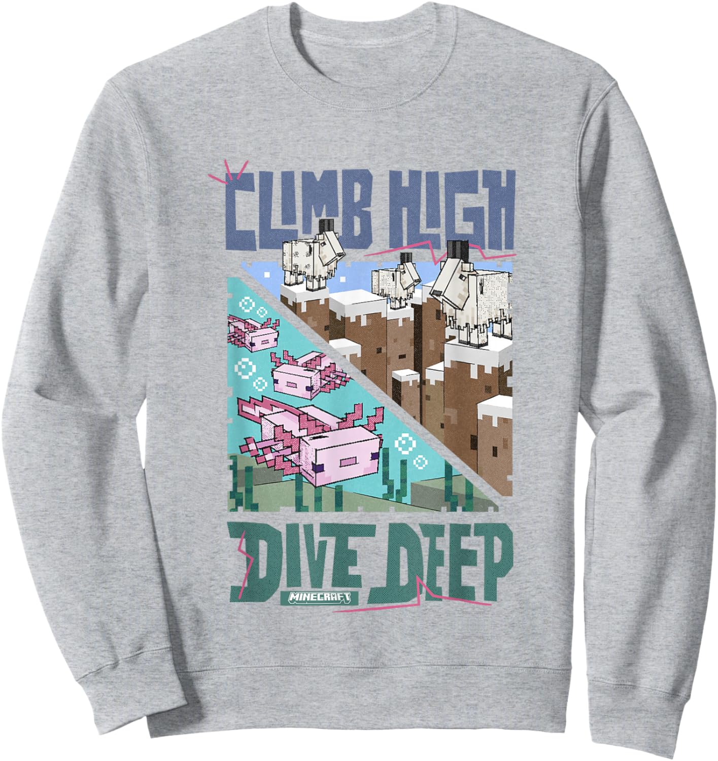 Minecraft Climb High Dive Deep Goats & Axolotls Panels Sweatshirt - Sweatshirt | Ash