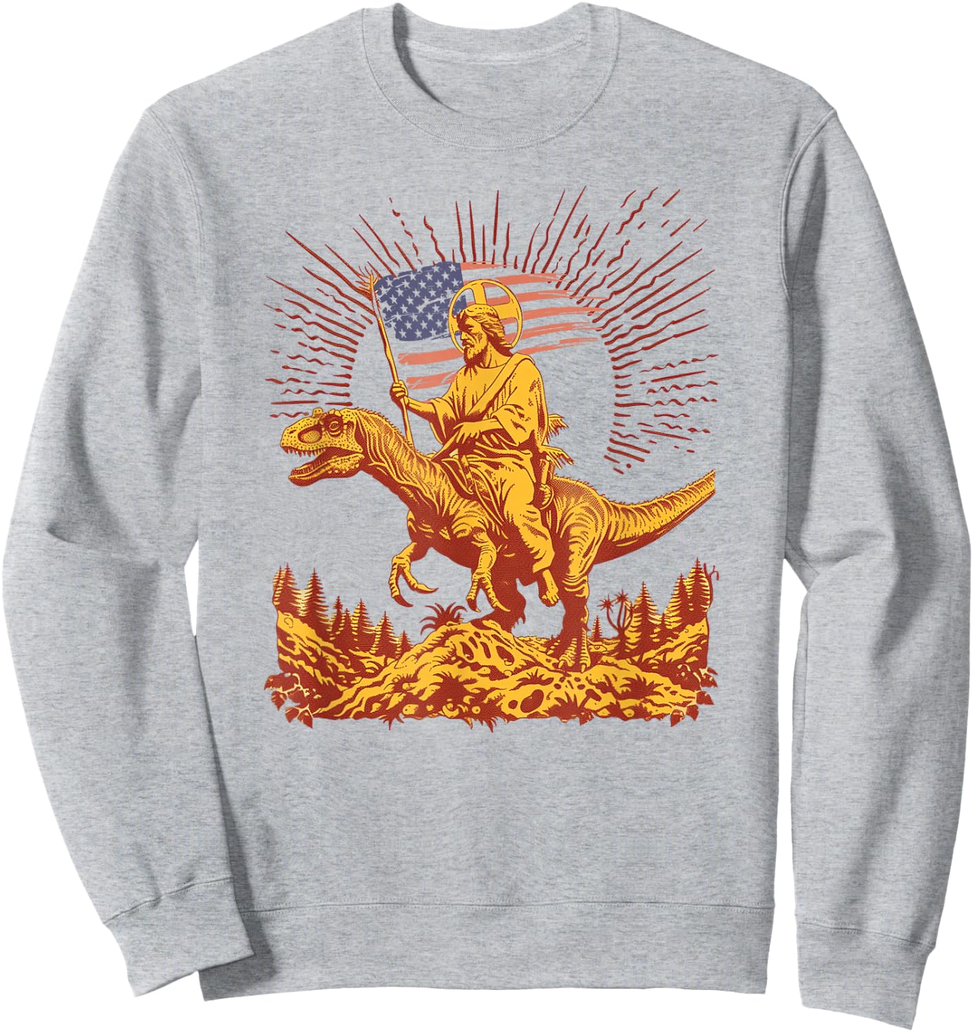 Jesus Riding Raptor Dinosaur USA Flag Funny Weird Patriotic Sweatshirt - Sweatshirt | Ash