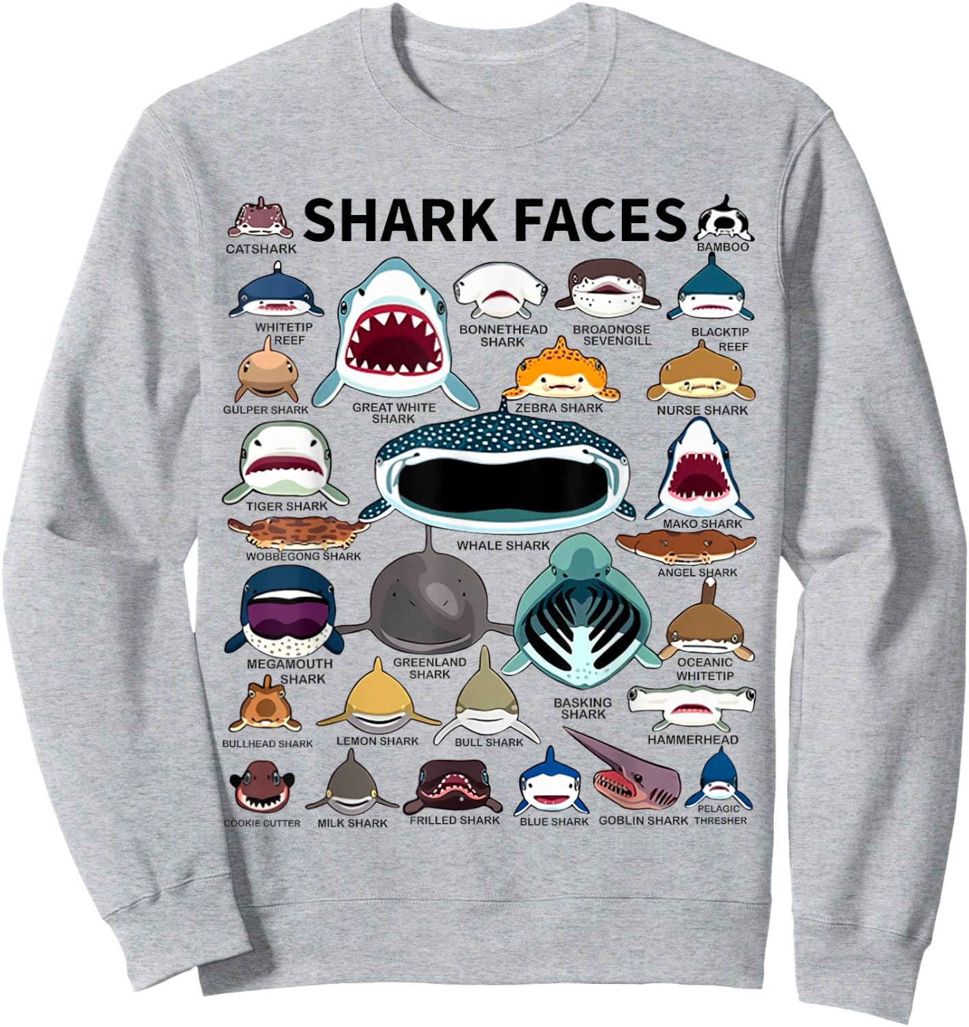 Shark Faces - Type of Shark - Shark Faces of All Kinds Sweatshirt - Sweatshirt | Ash