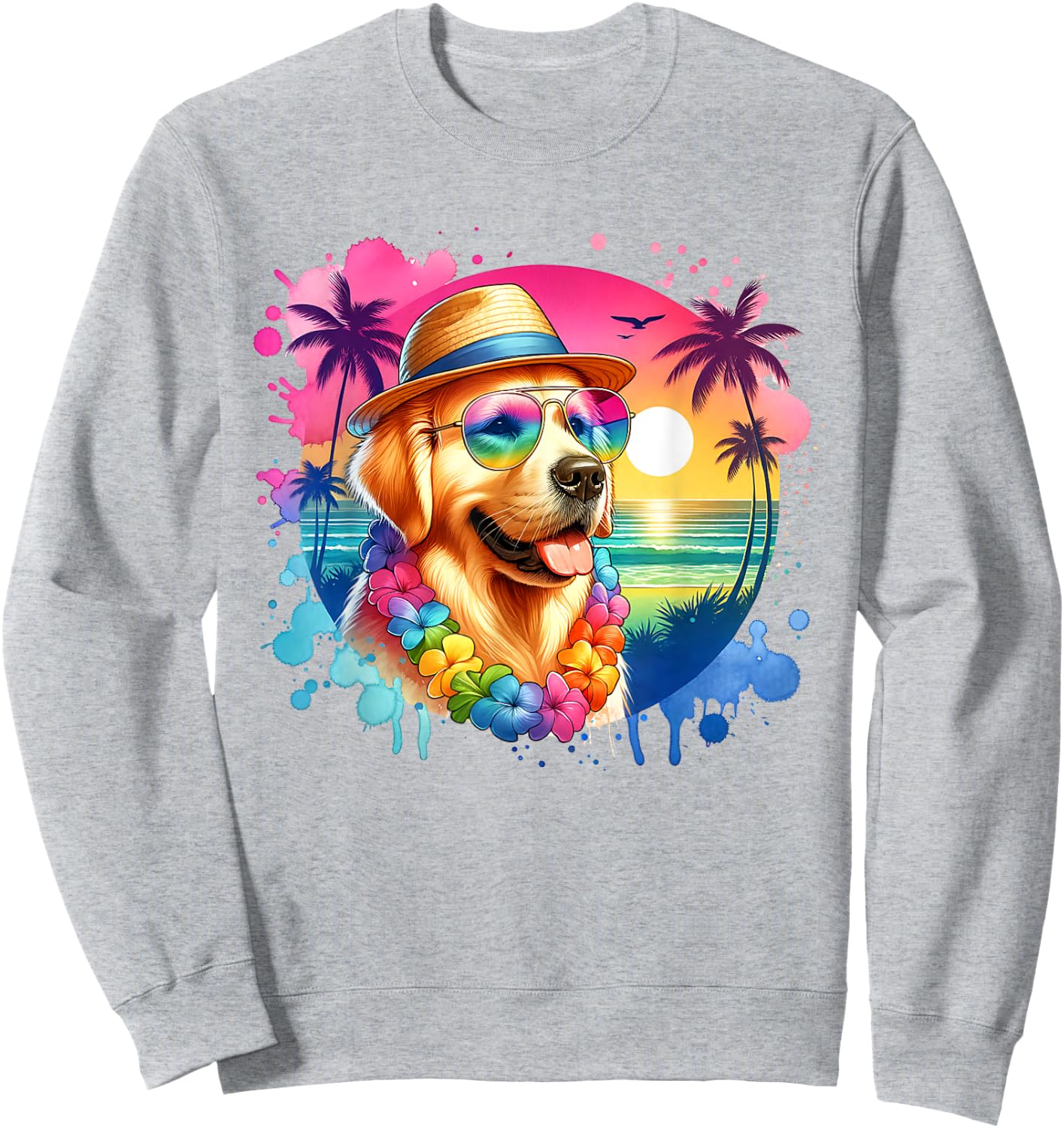 Hawaiian Golden Retriever Dog Watercolor Tropical Summer Men Women Girls Kids Sweatshirt - Sweatshirt | Ash