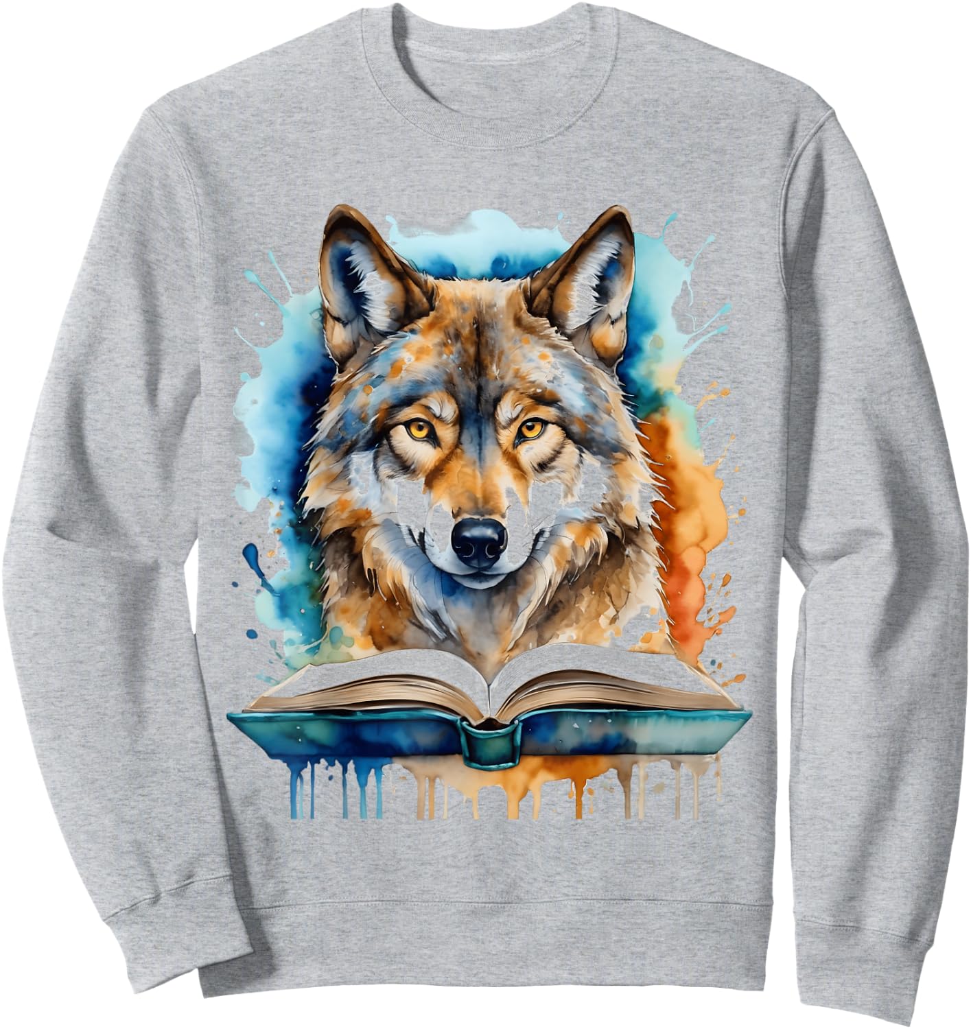 Wolf Reading Book Colorful Animal Art Print Graphic Sweatshirt - Sweatshirt | Ash