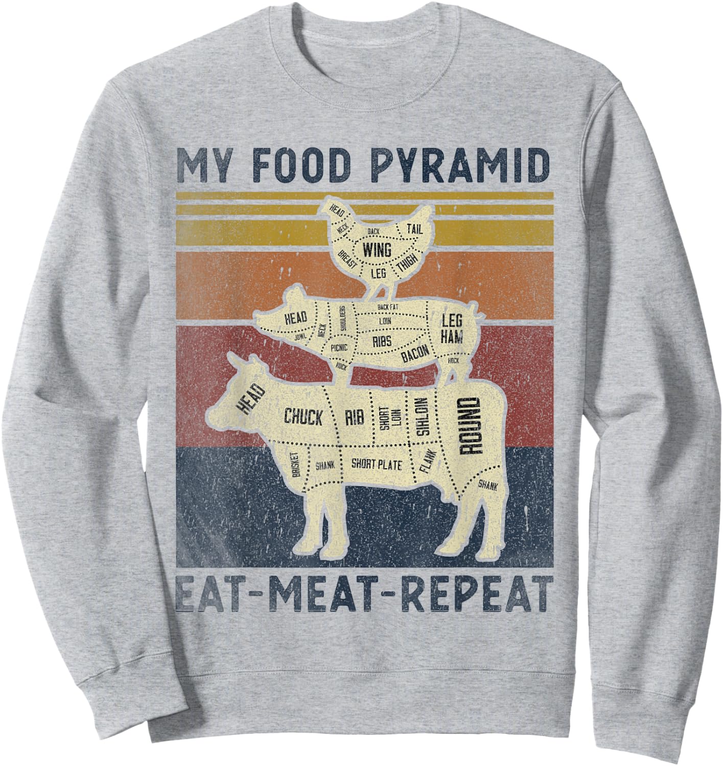 My Food Pyramid Eat Meat Repeat Retro Vintage Funny BBQ Joke Sweatshirt - Sweatshirt | Ash