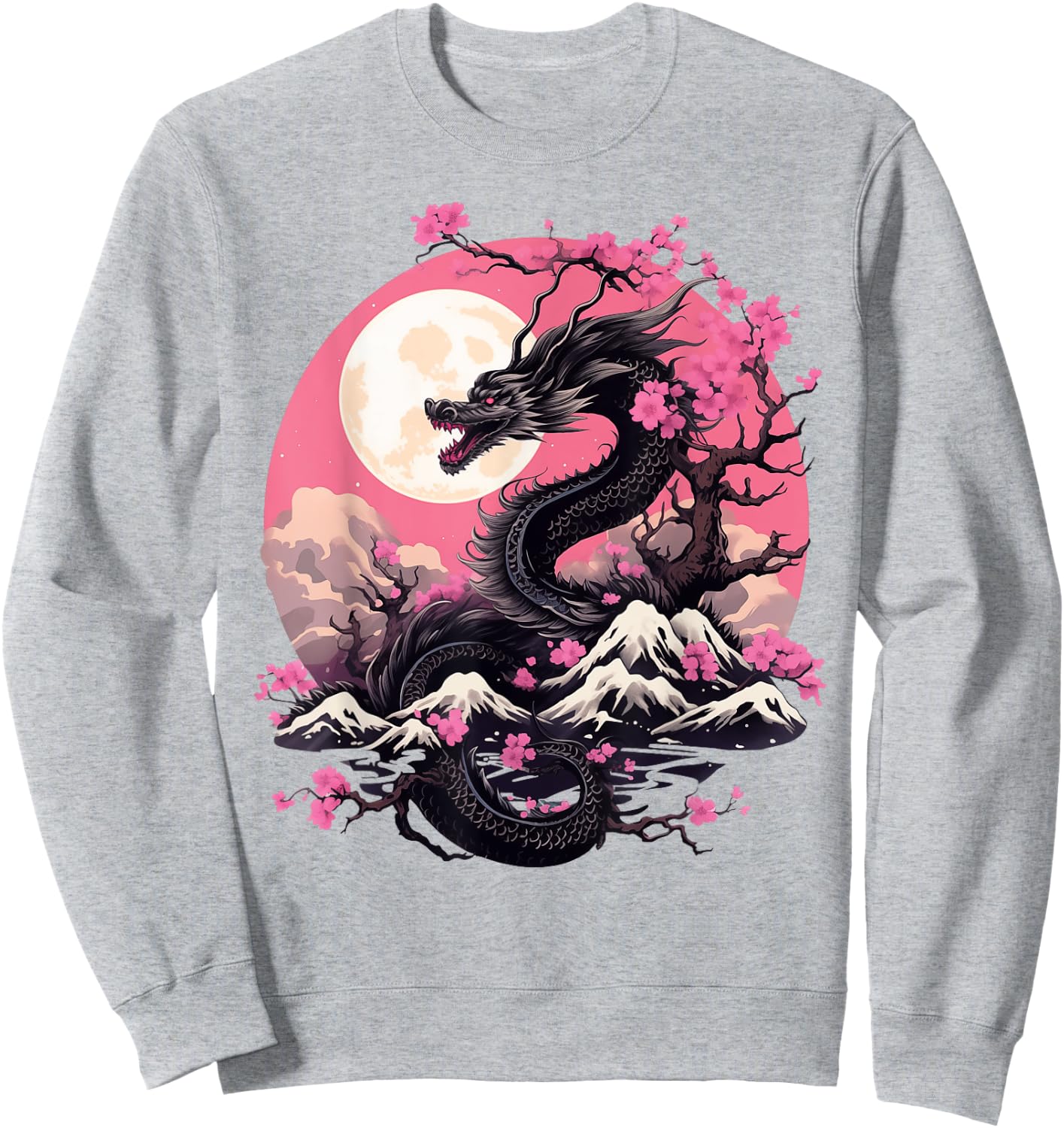 Japanese Dragon & Cherry Blossom Men & Women Full Moon Asian Sweatshirt - Sweatshirt | Ash