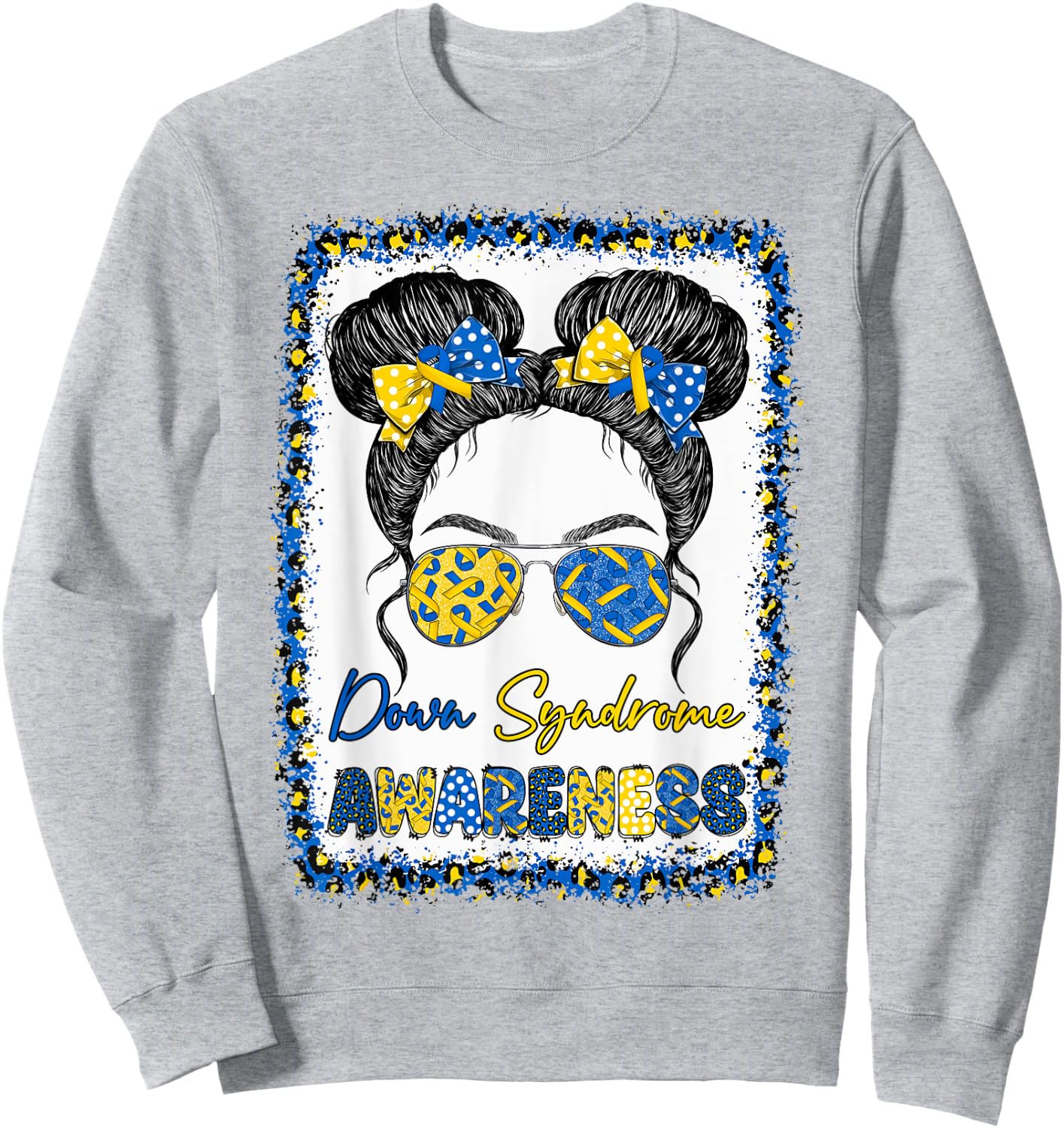 Messy Bun Girl Yellow Blue Bow Ties Sunglasses Down Syndrome Sweatshirt - Sweatshirt | Ash