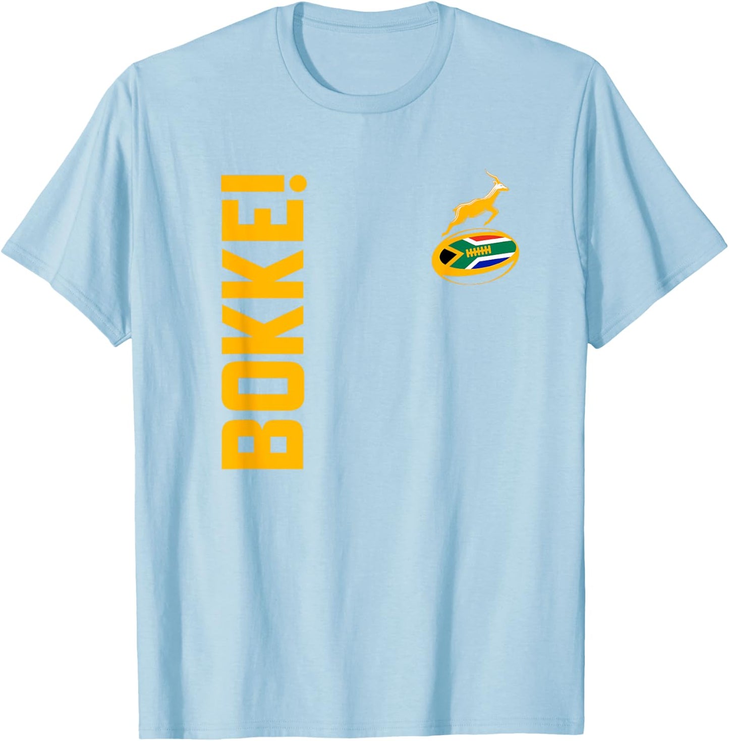 Springbok Rugby. Bokke, South African Flag. With Back Print T-Shirt - T-Shirt | Light Blue