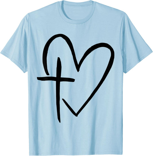 Stylish Cross In Heart Christian Heart Christian Cross T-Shirt - T-Shirt | Light Blue
