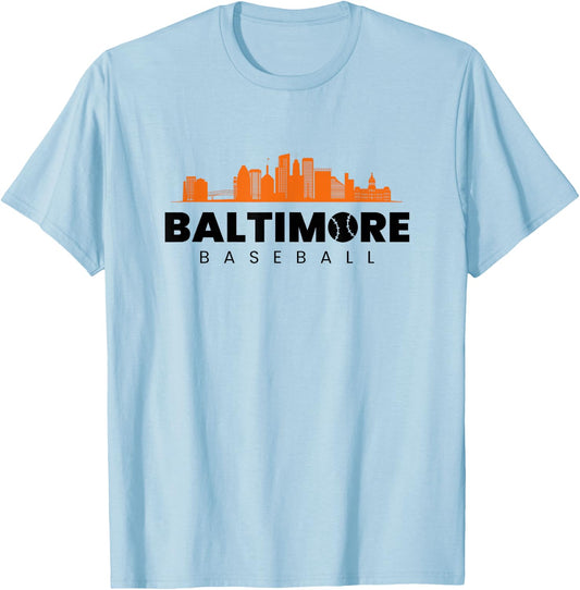 Baltimore Baseball Minimalist City Skyline Baseball Lover T-Shirt - T-Shirt | Light Blue