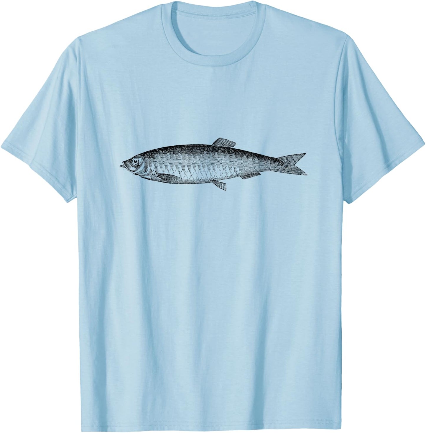 The New Antique Vintage Herring Fish Print - -Adults, Grey, Small, Short Sleeve, Classic Fit T-Shirt - T-Shirt | Light Blue