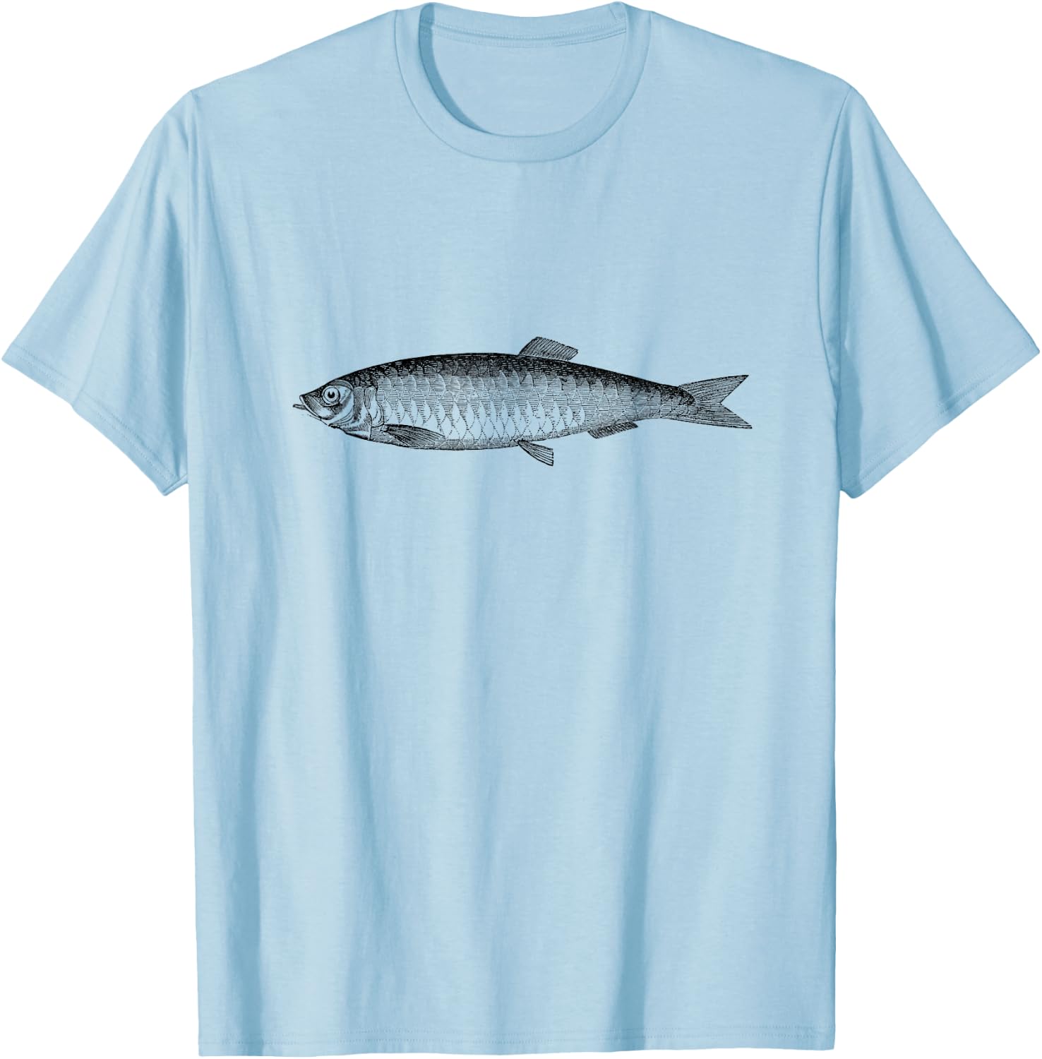 The New Antique Vintage Herring Fish Print - -Adults, Grey, Small, Short Sleeve, Classic Fit T-Shirt - T-Shirt | Light Blue