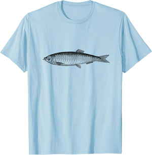 The New Antique Vintage Herring Fish Print - -Adults, Grey, Small, Short Sleeve, Classic Fit T-Shirt - T-Shirt | Light Blue