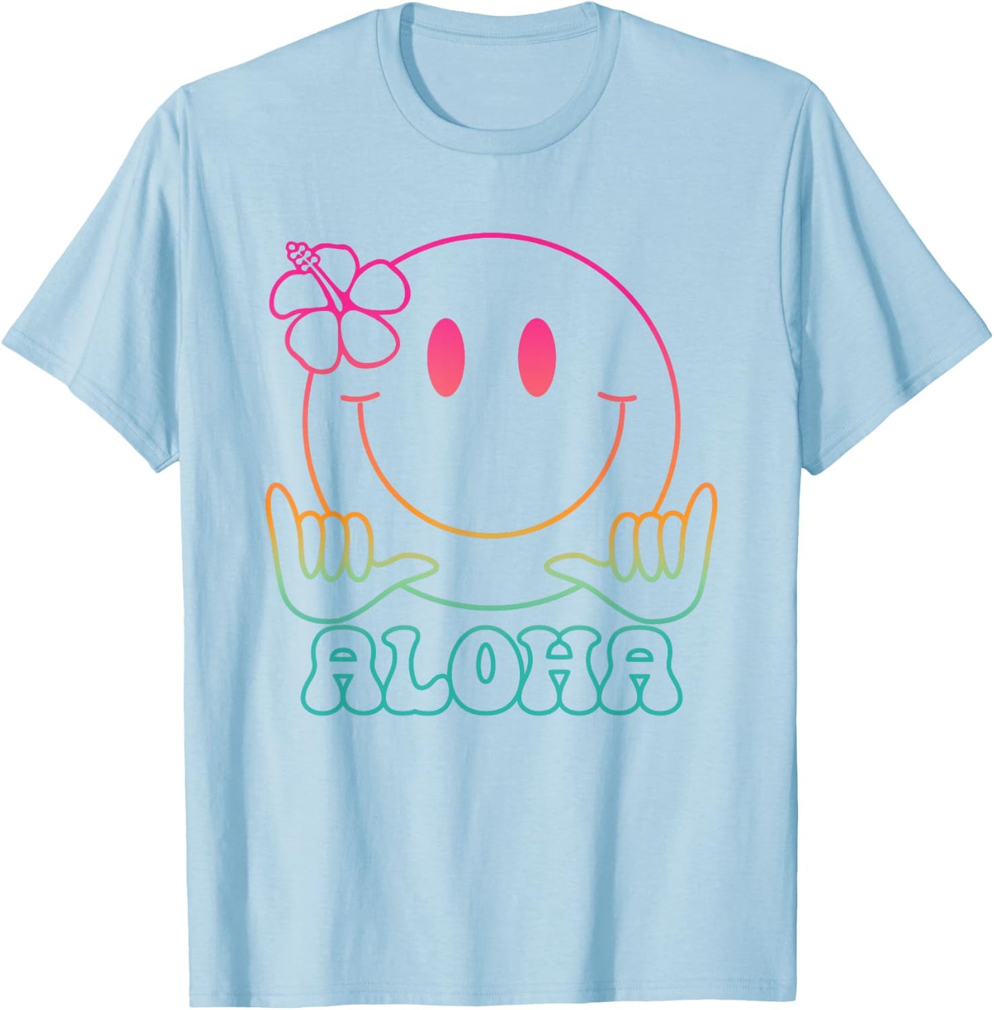 Aloha Hawaiian Cute Smile Face Shaka Hibiscus Kids Girls T-Shirt - T-Shirt | Light Blue