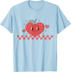 Cute Retro Checkered Apple with Face Teacher Heart Trendy Women Kids T-Shirt - T-Shirt | Light Blue